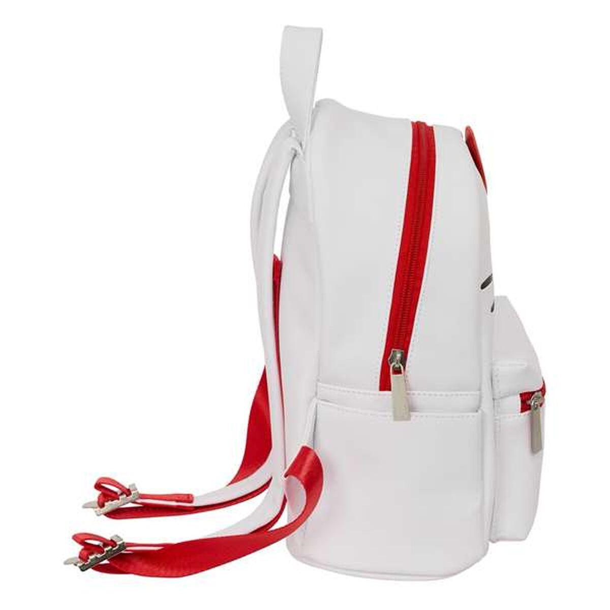 Ein weißer Rucksack mit roten Reißverschlüssen und Trägern.