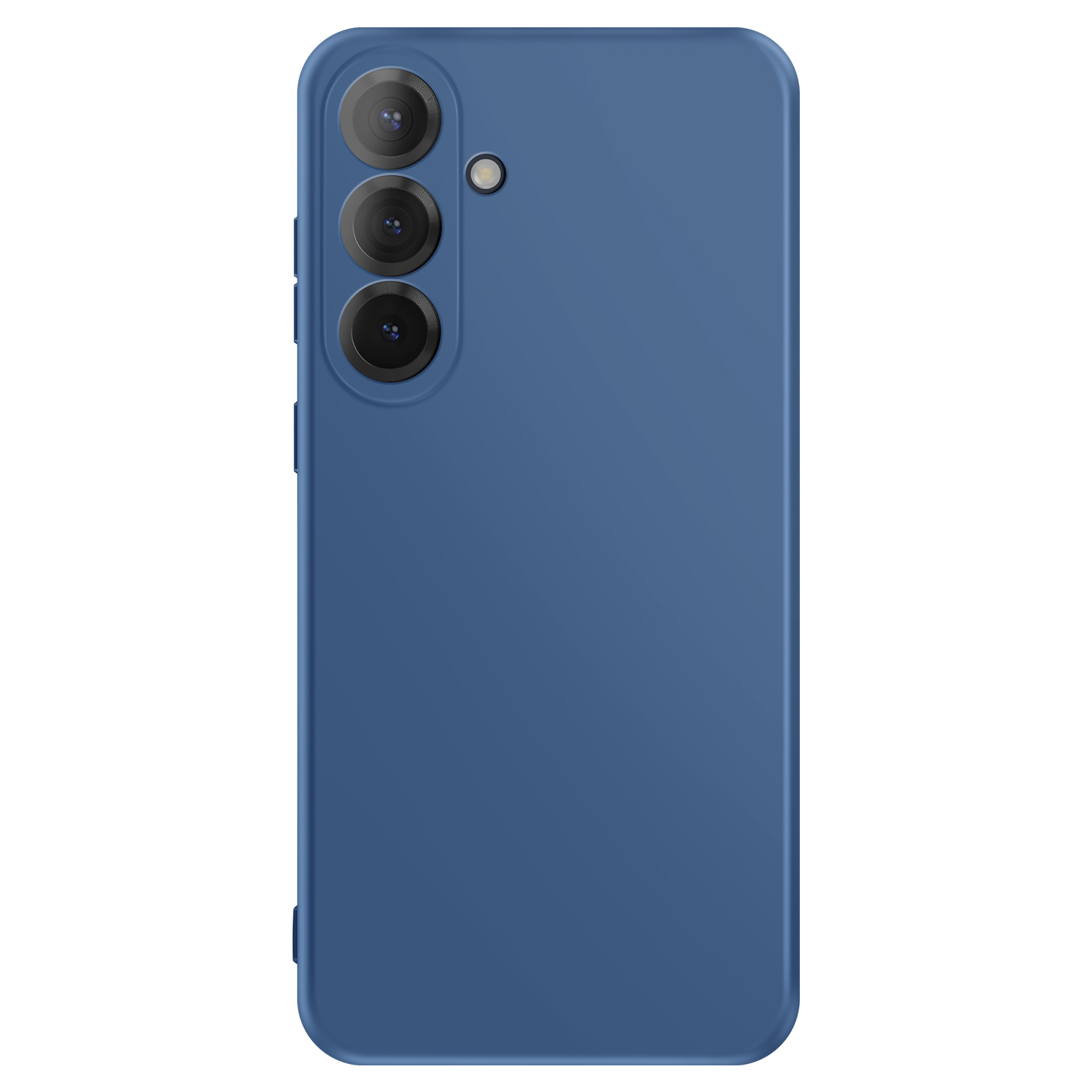 Blauw telefoonhoesje met drie camera's en flitser.