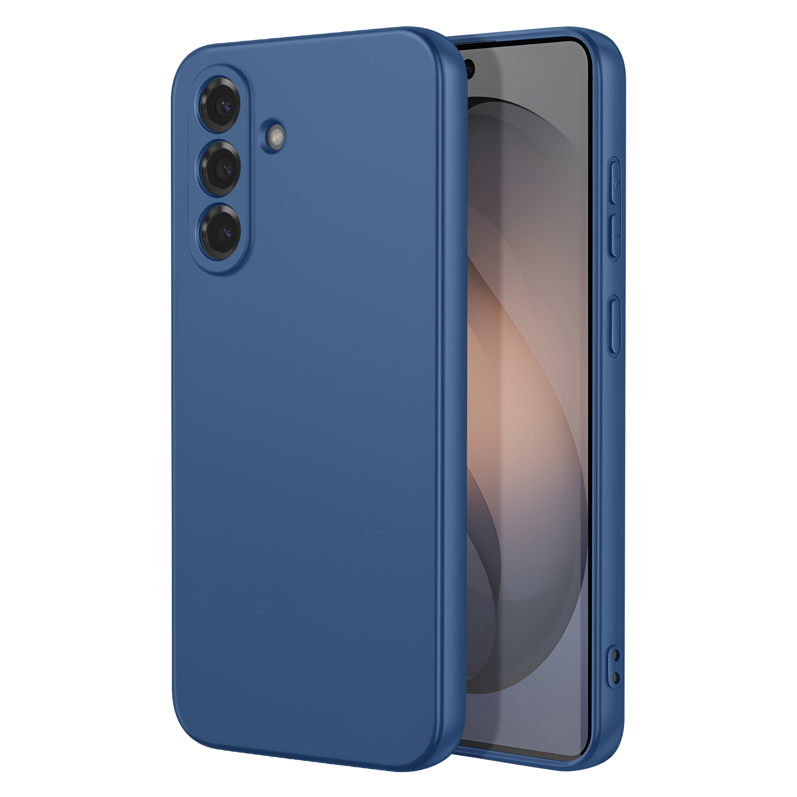 Een blauwe telefoonhoes met drie camera's en een flitser.