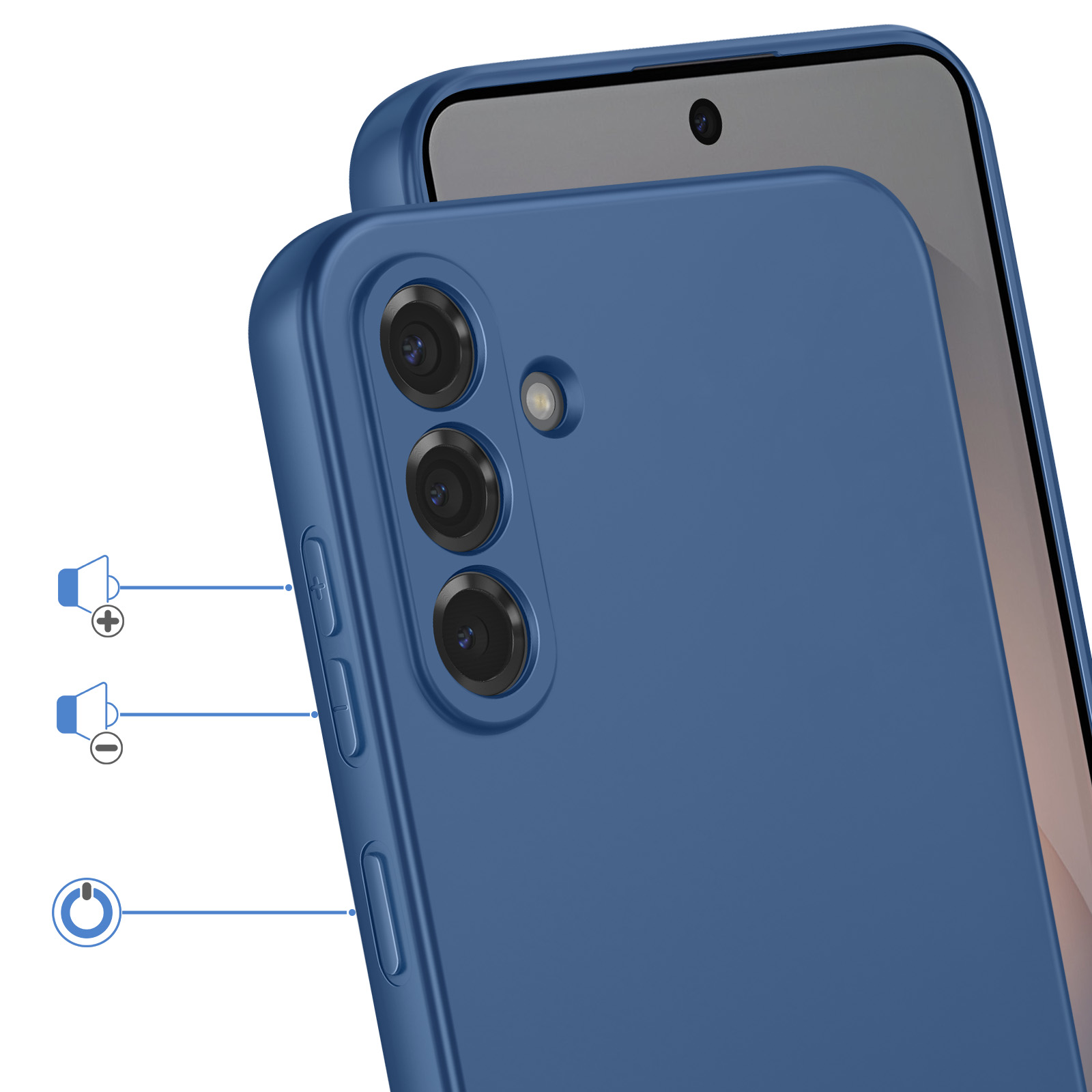 Blauwe telefoonhoes met drie camera's en knoppen.