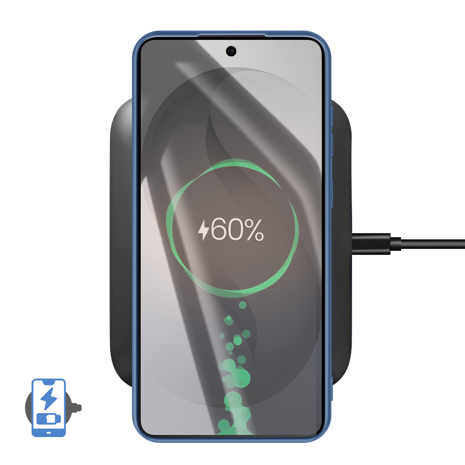 Een smartphone met blauwe rand laadt op een zwart draadloos oplaadstation.