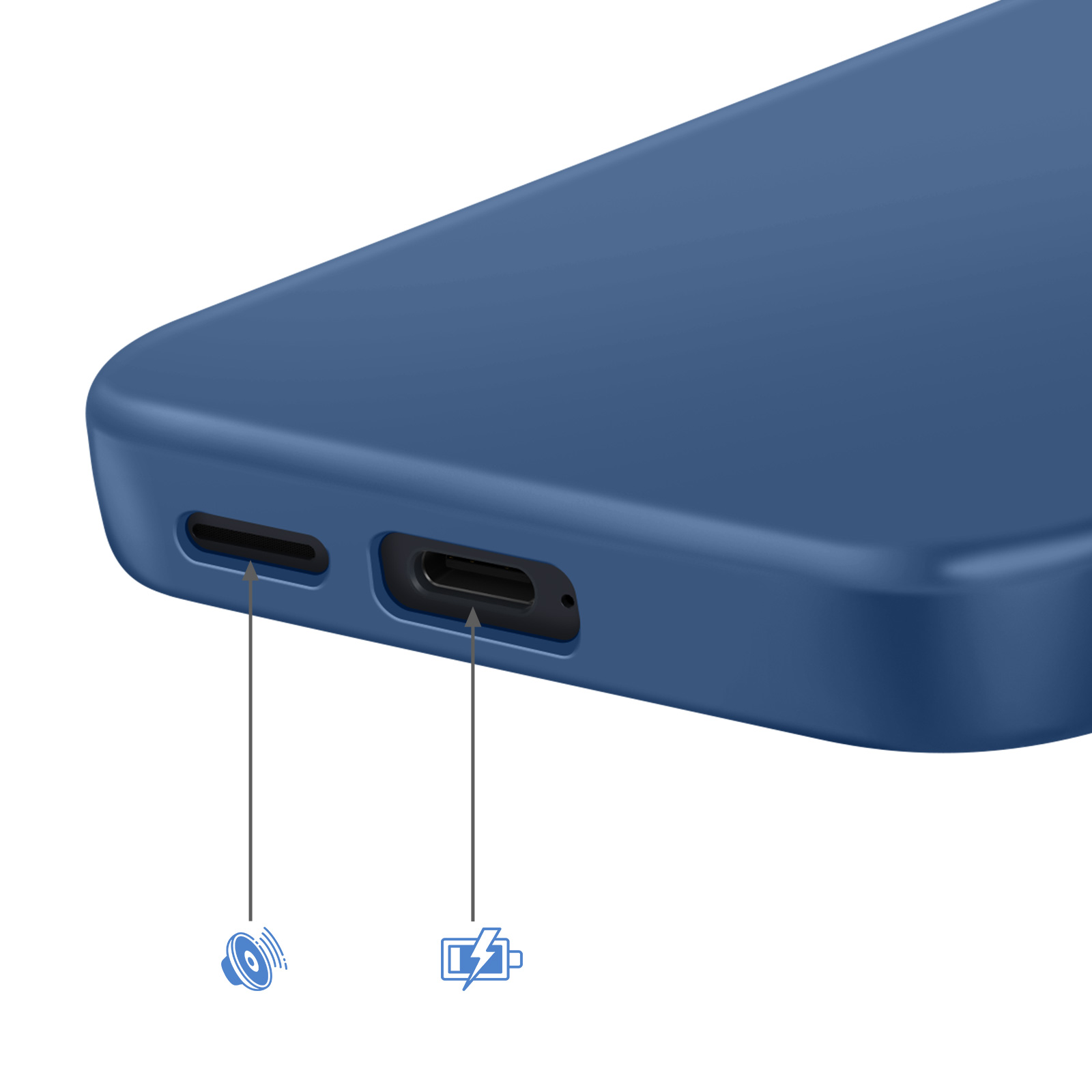 Een blauwe telefoonhoes met gemarkeerde laad- en luidsporteraansluitingen.