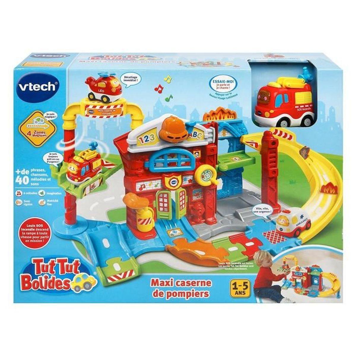 VTech Tut Tut Bolides Spielzeug-Feuerwache mit Fahrzeugen, Rampen und einem Kind.