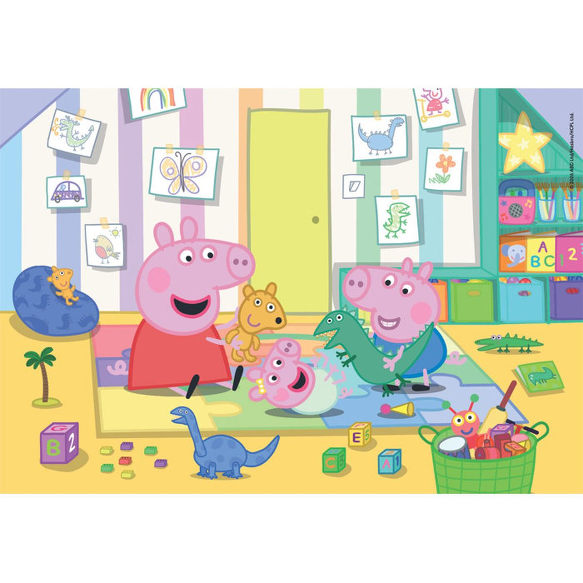 Personaggi di Peppa Pig giocano in una stanza colorata con giocattoli e disegni.