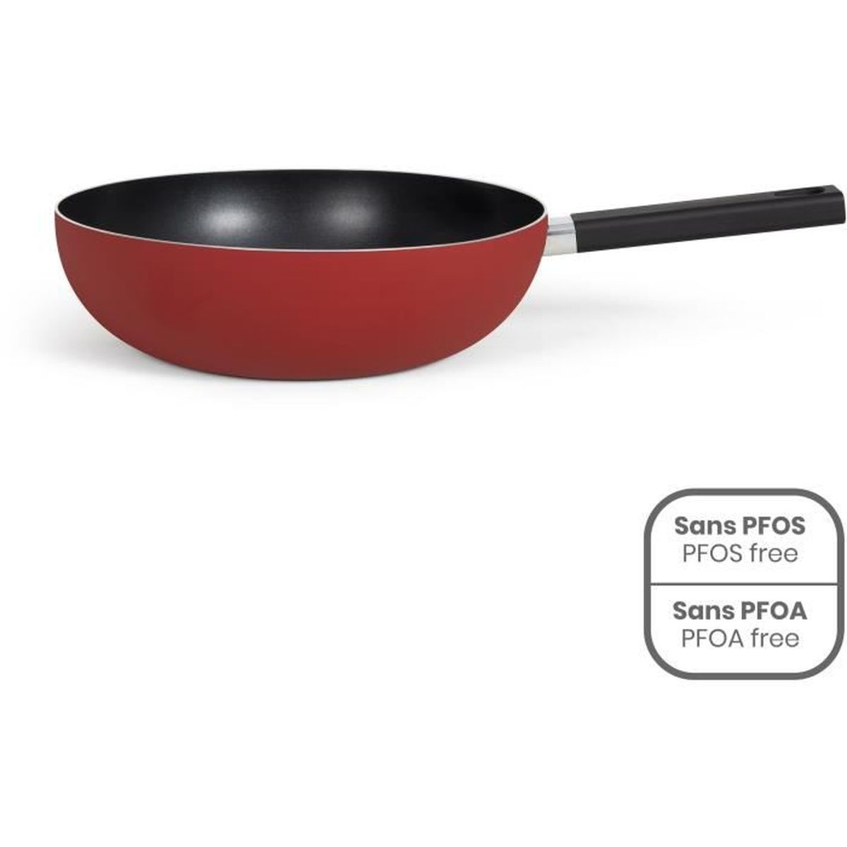 Rote Wok-Pfanne mit schwarzem Griff und weißen Hinweisen 'PFOS frei' und 'PFOA frei'.