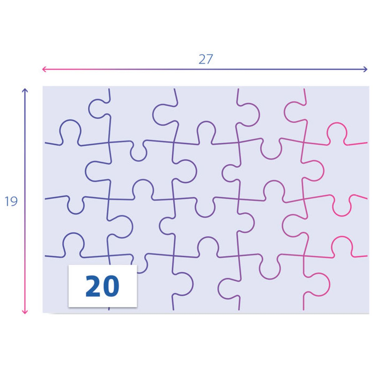 Puzzle 27x19 unità, viola e rosa. Un riquadro mostra il numero 20.