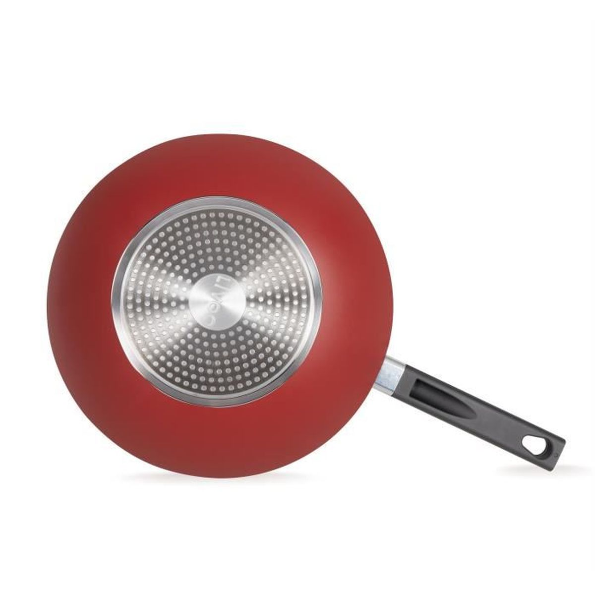 Rote Pfanne mit Metallboden und schwarzem Griff, Ansicht von unten.