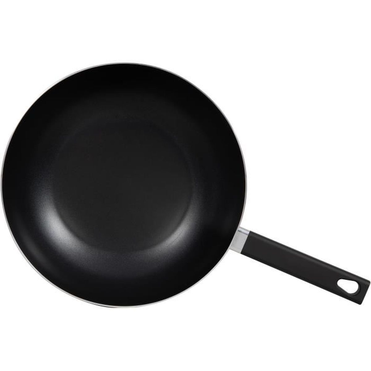 Schwarze Bratpfanne mit schwarzem Griff, isoliert auf weißem Hintergrund.