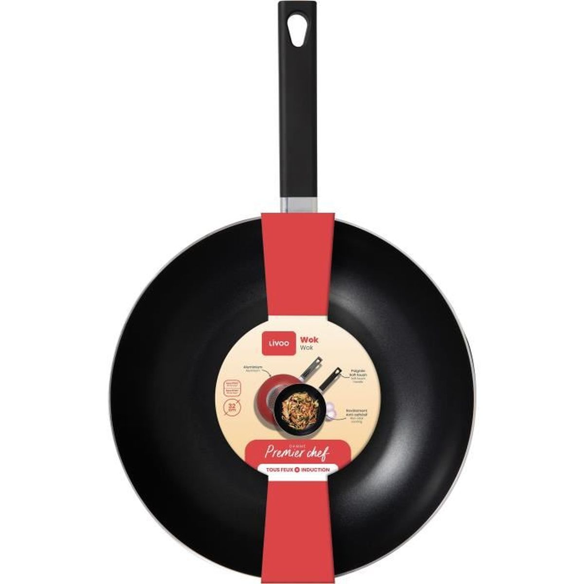 Schwarze Wok-Pfanne mit rotem Band und Produktinformationen.