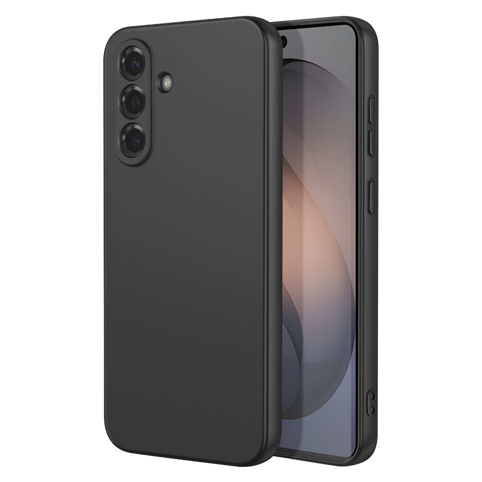 Smartphone nero con tripla fotocamera e custodia protettiva.