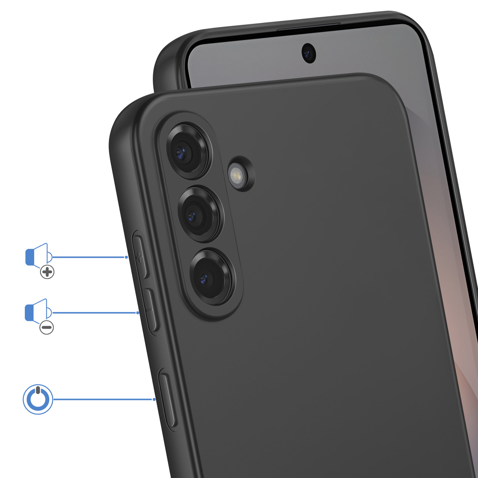 Smartphone nero con tre fotocamere, tasti volume e accensione.