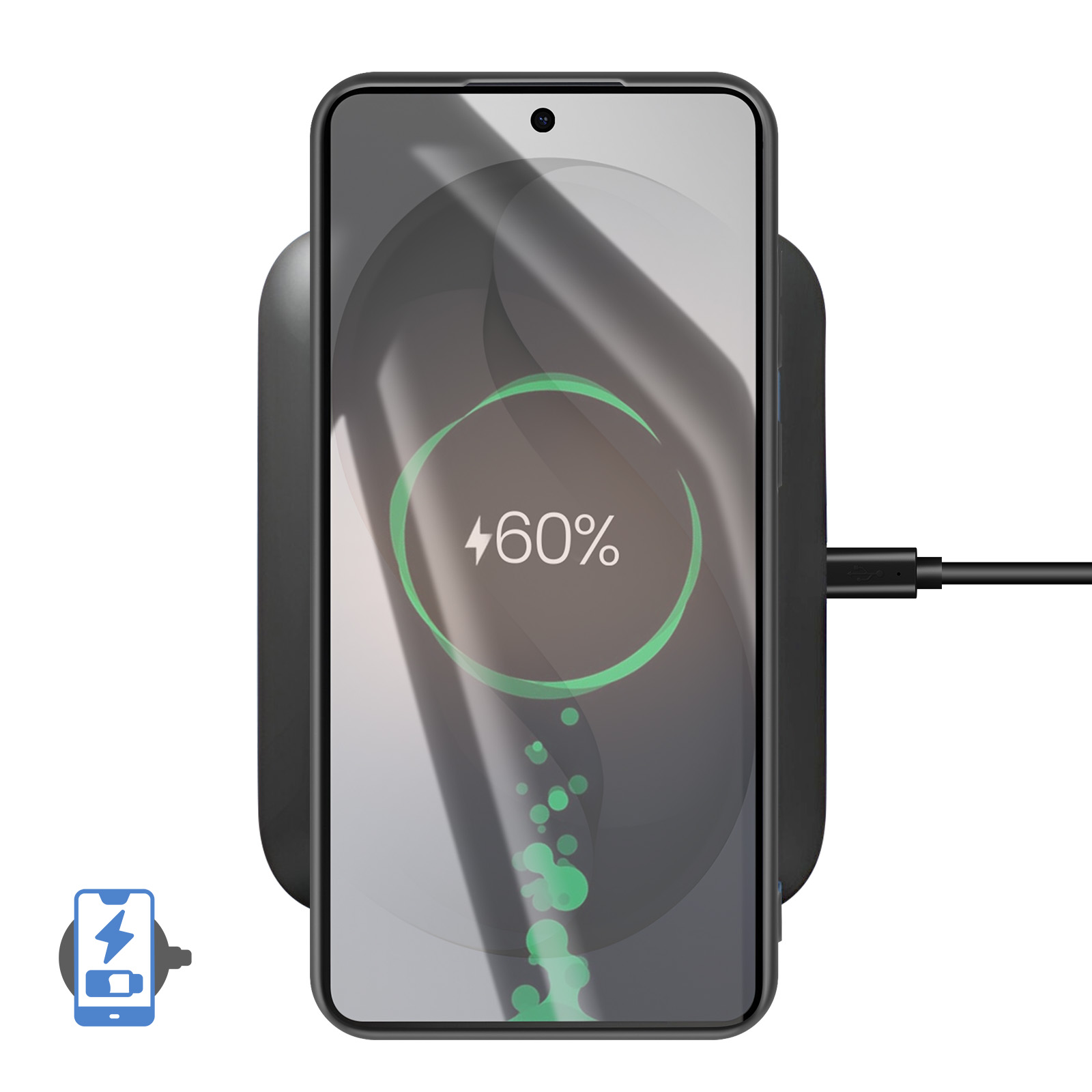 Uno smartphone si ricarica wireless su una base di ricarica nera. Batteria al 60%.