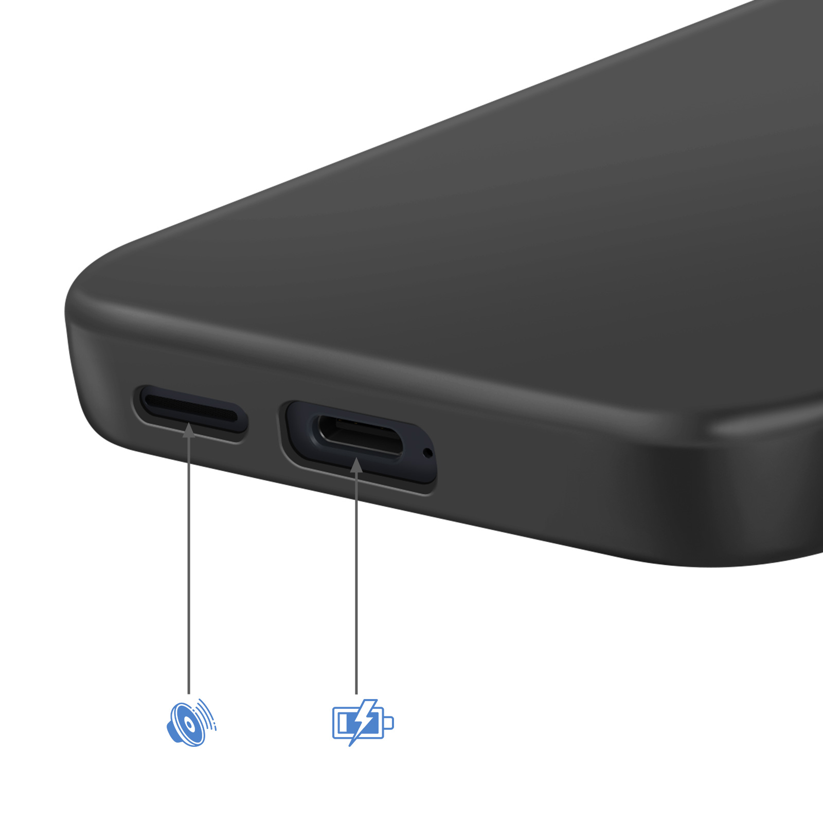 Smartphone nero con due porte: altoparlante e porta di ricarica.
