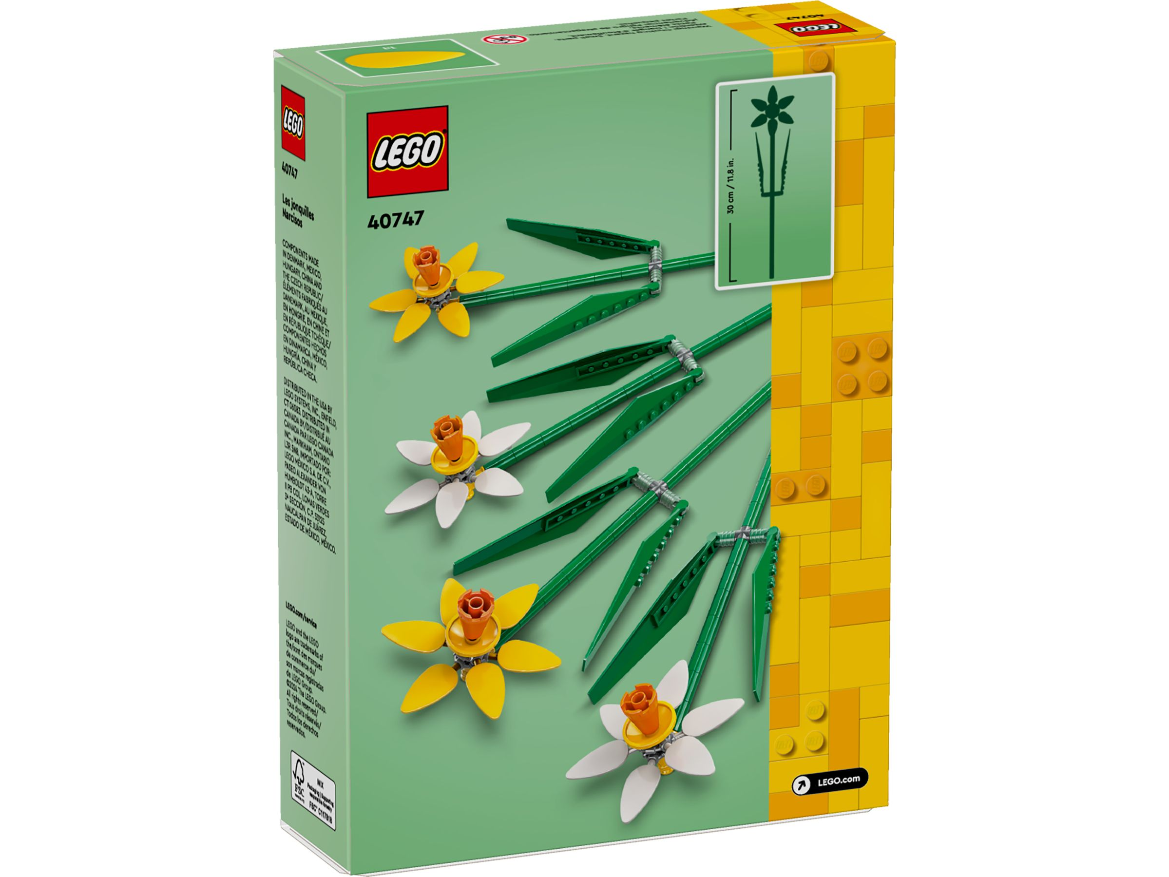 LEGO-Set mit gelben und weißen Narzissen und grünen Blättern.
