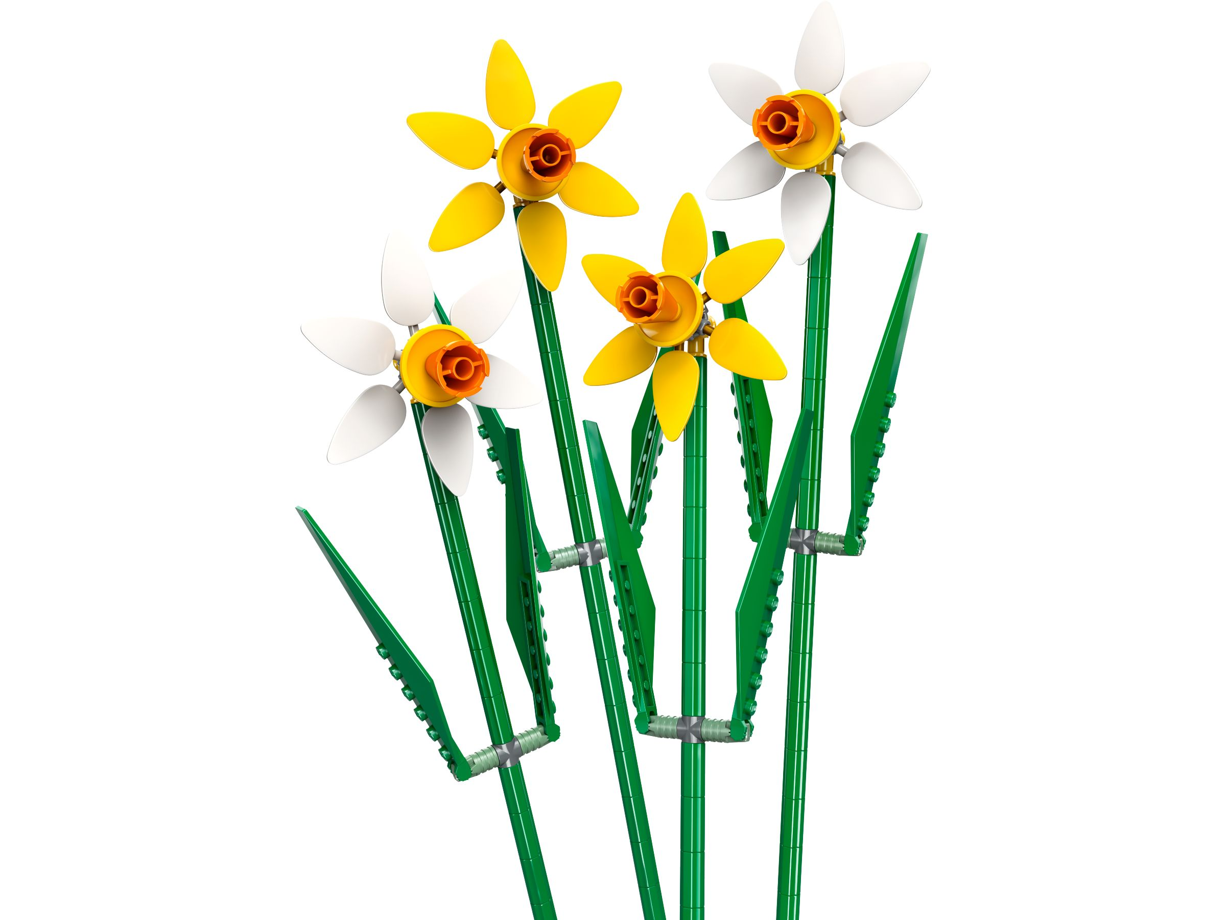Vier LEGO-Narzissen mit gelben und weißen Blüten und grünen Stielen.
