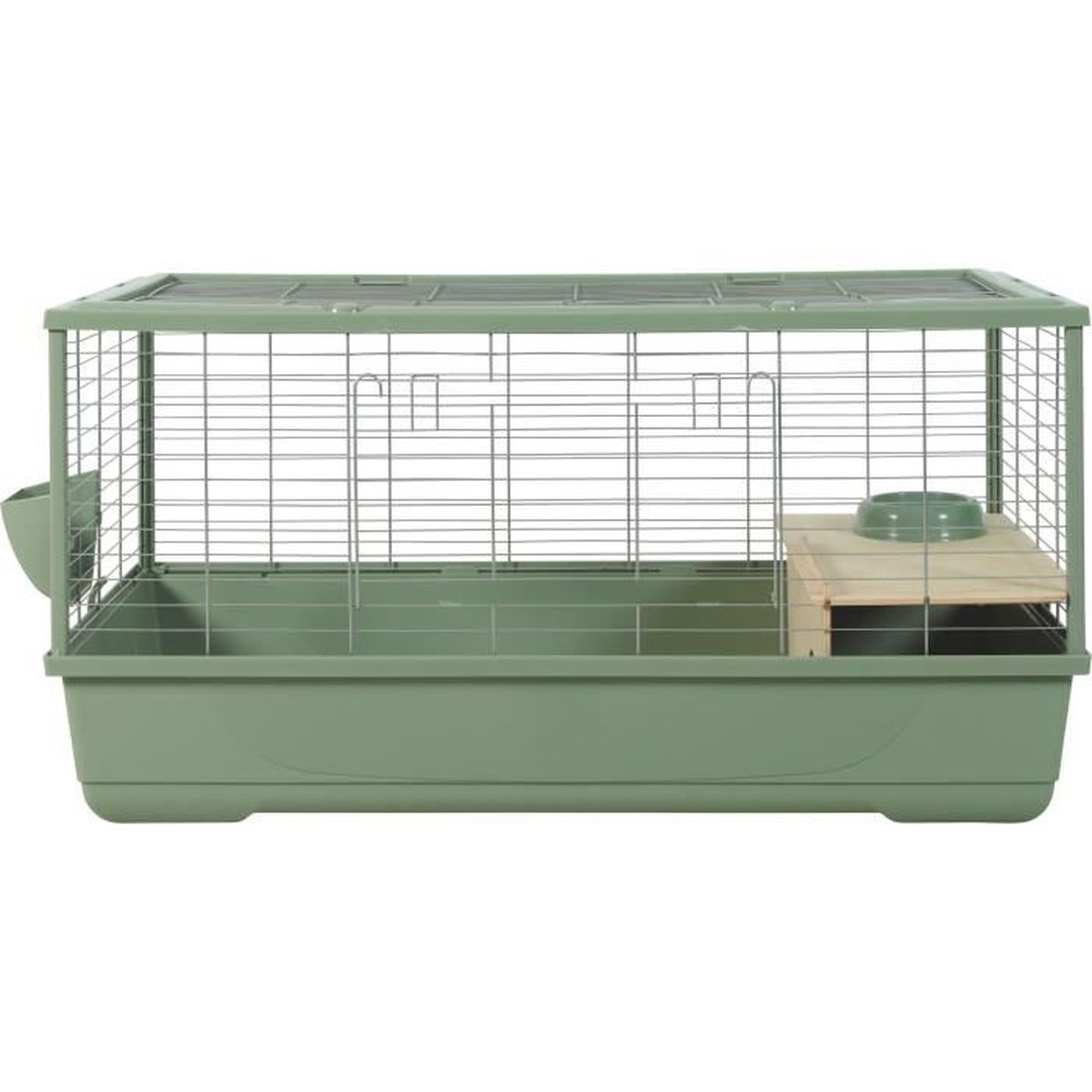 Una jaula verde con una casa de madera y un cuenco en una plataforma elevada.