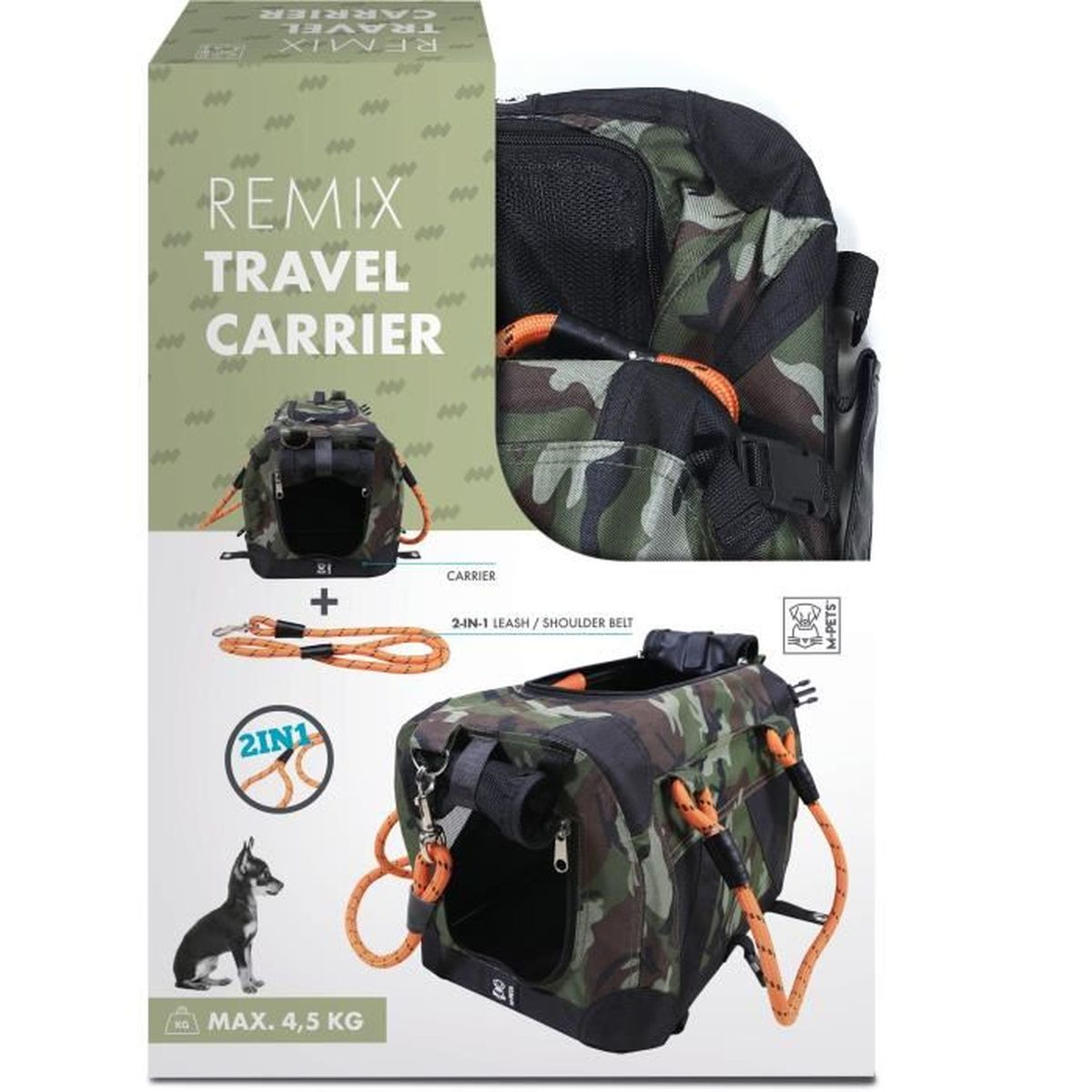 Tarnfarbene Hundetransporttasche mit orangefarbenen Details und Leine.