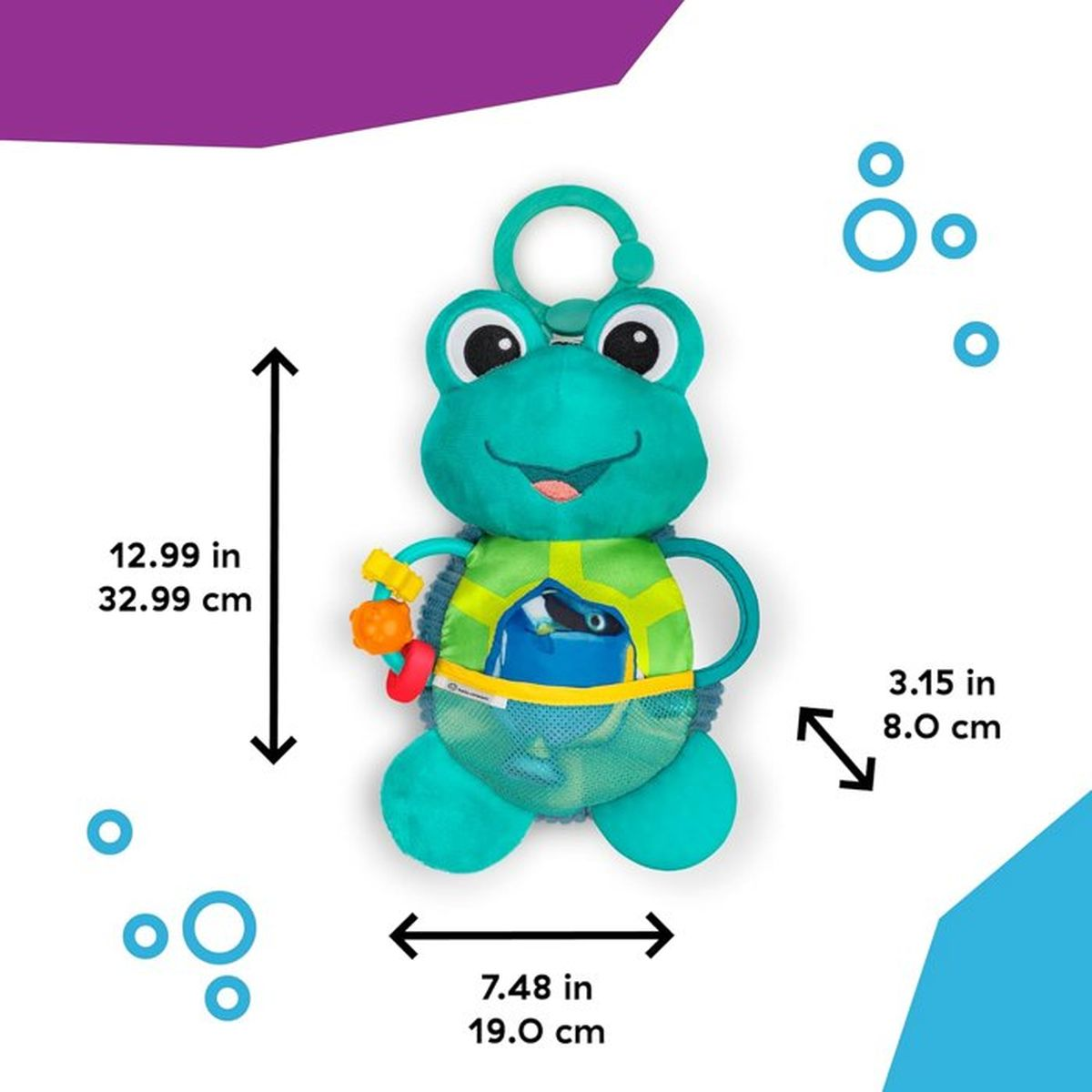 Ein grünes Froschspielzeug mit Maßen, das an einem Ring hängt.