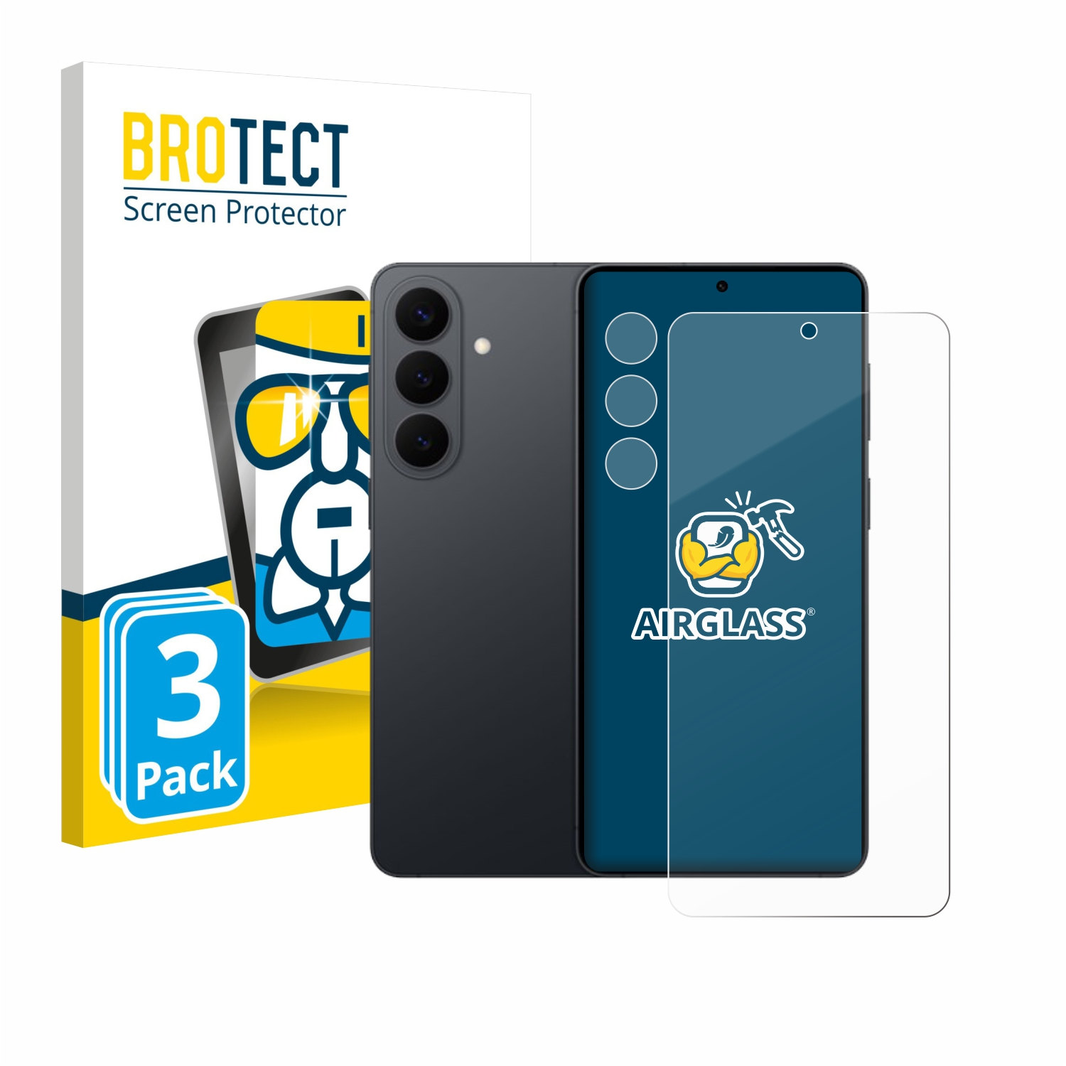Packung mit 3 Displayschutzfolien für ein Smartphone, eine Folie ist auf dem Bildschirm.