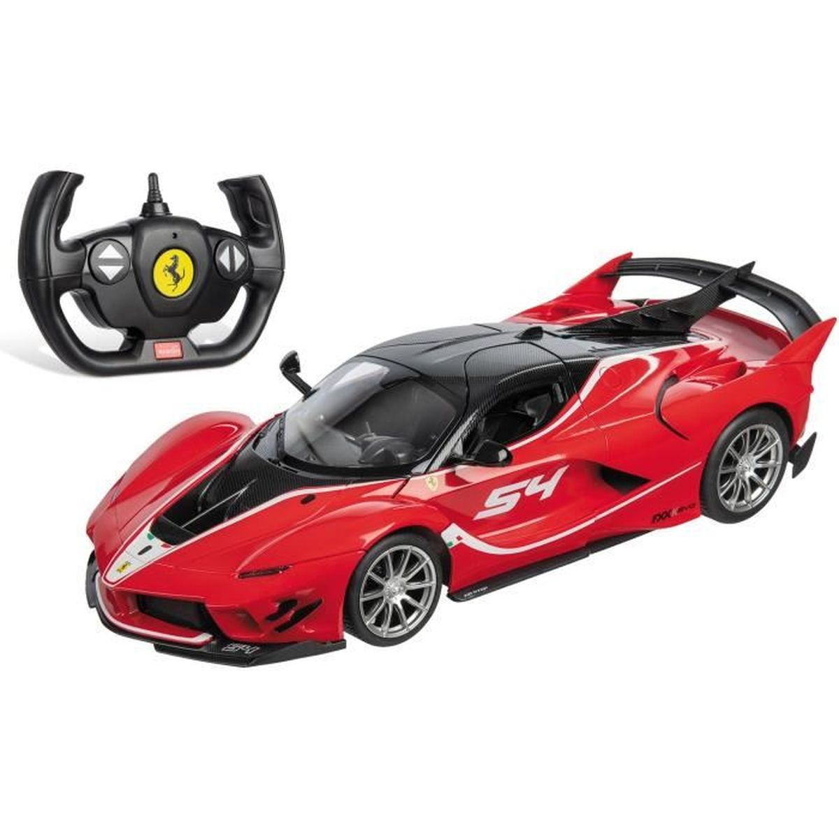 Ein rotes ferngesteuertes Ferrari-Spielzeugauto mit schwarzem Dach und Lenkrad.