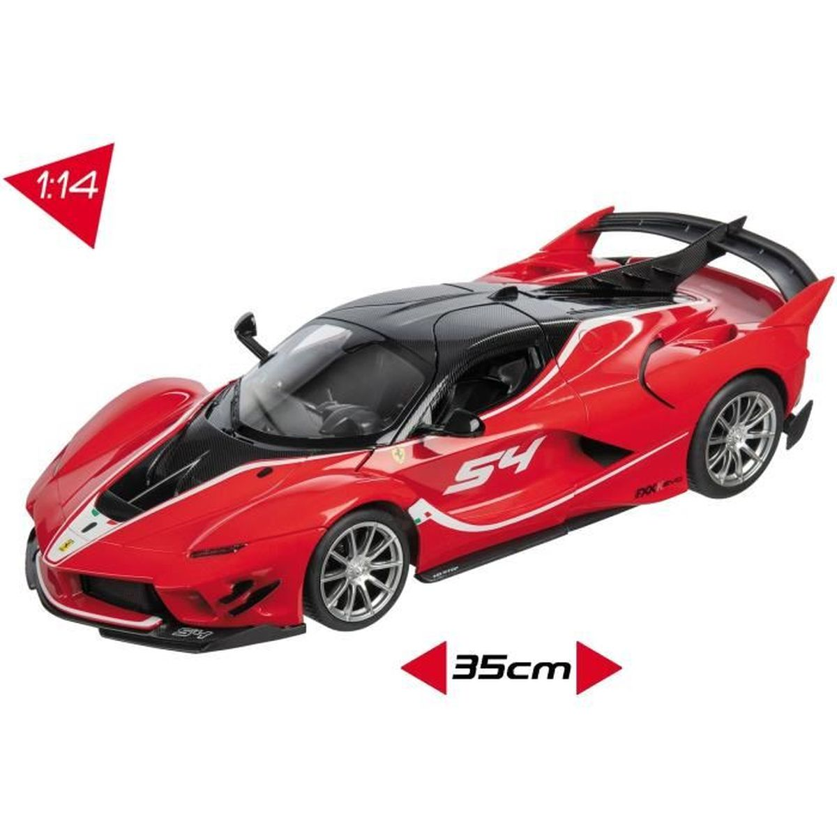 Ein rotes Ferrari-Spielzeugauto mit schwarzem Dach und Spoiler.