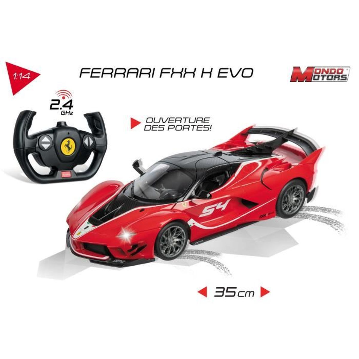 Roter Ferrari FXX K EVO ferngesteuertes Auto mit schwarzem Dach und Fernbedienung.