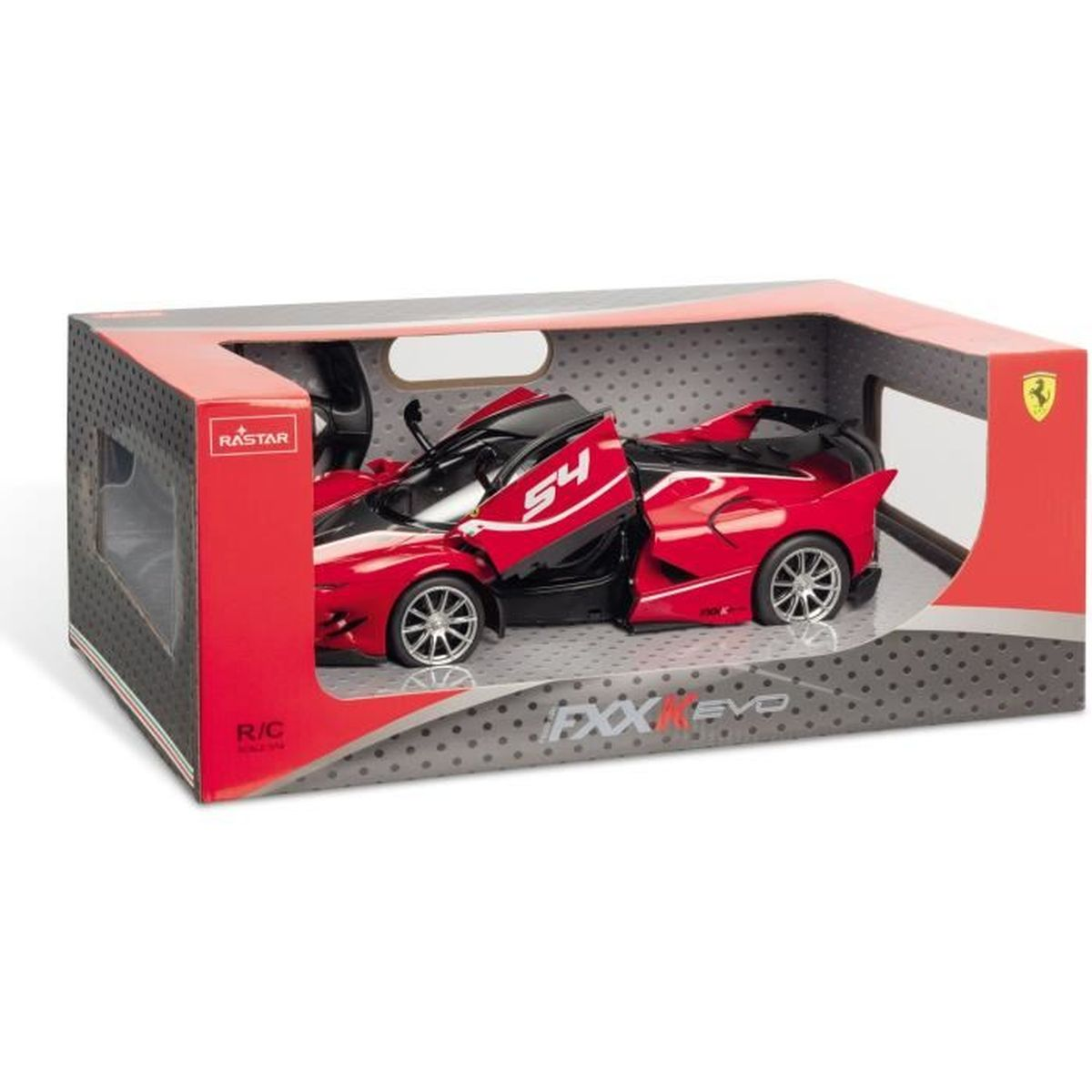 Rotes ferngesteuertes Spielzeugauto mit geöffneten Türen in einer Verpackung.