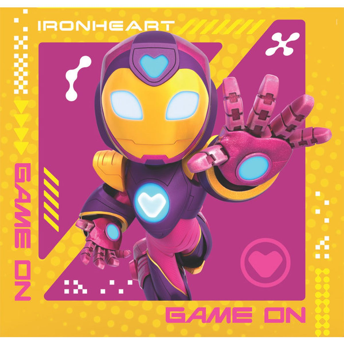 Personaje Ironheart en púrpura y amarillo con ojos brillantes y símbolos de corazón.