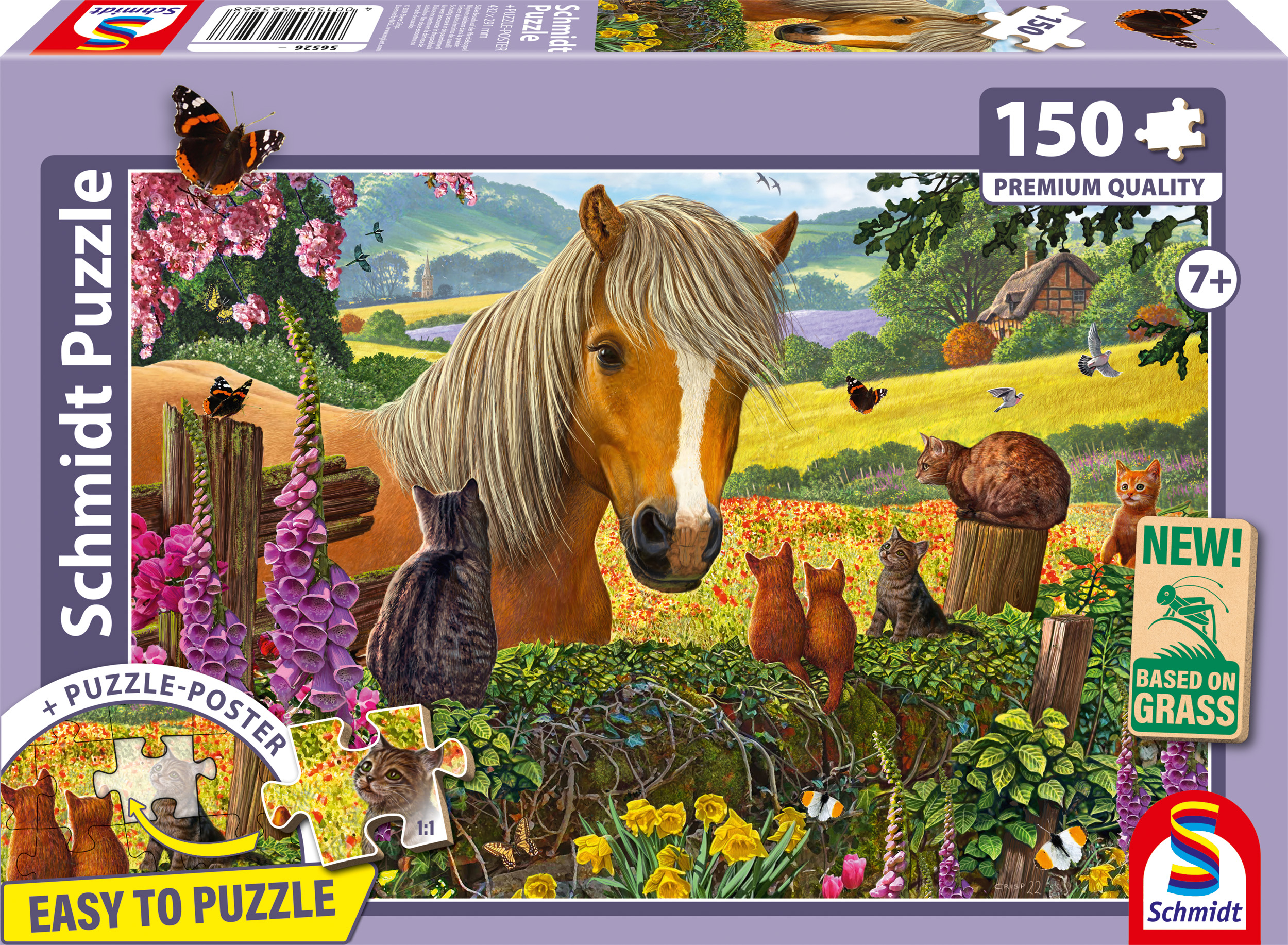 Ein Pferd und Katzen auf einer Blumenwiese mit einem Bauernhaus im Hintergrund.