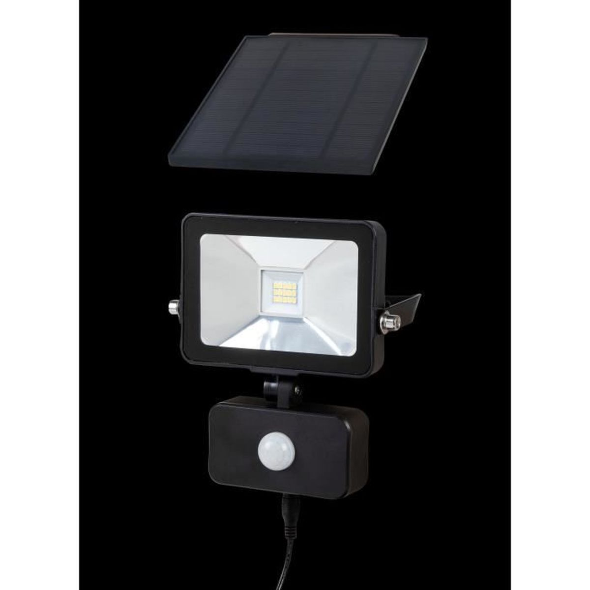 Ein schwarzer LED-Strahler mit Solarmodul und Bewegungsmelder.