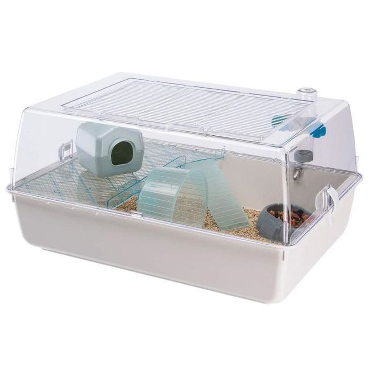 Ein klarer Hamsterkäfig mit einem Haus, einem Rad, Röhren und einem Futternapf.