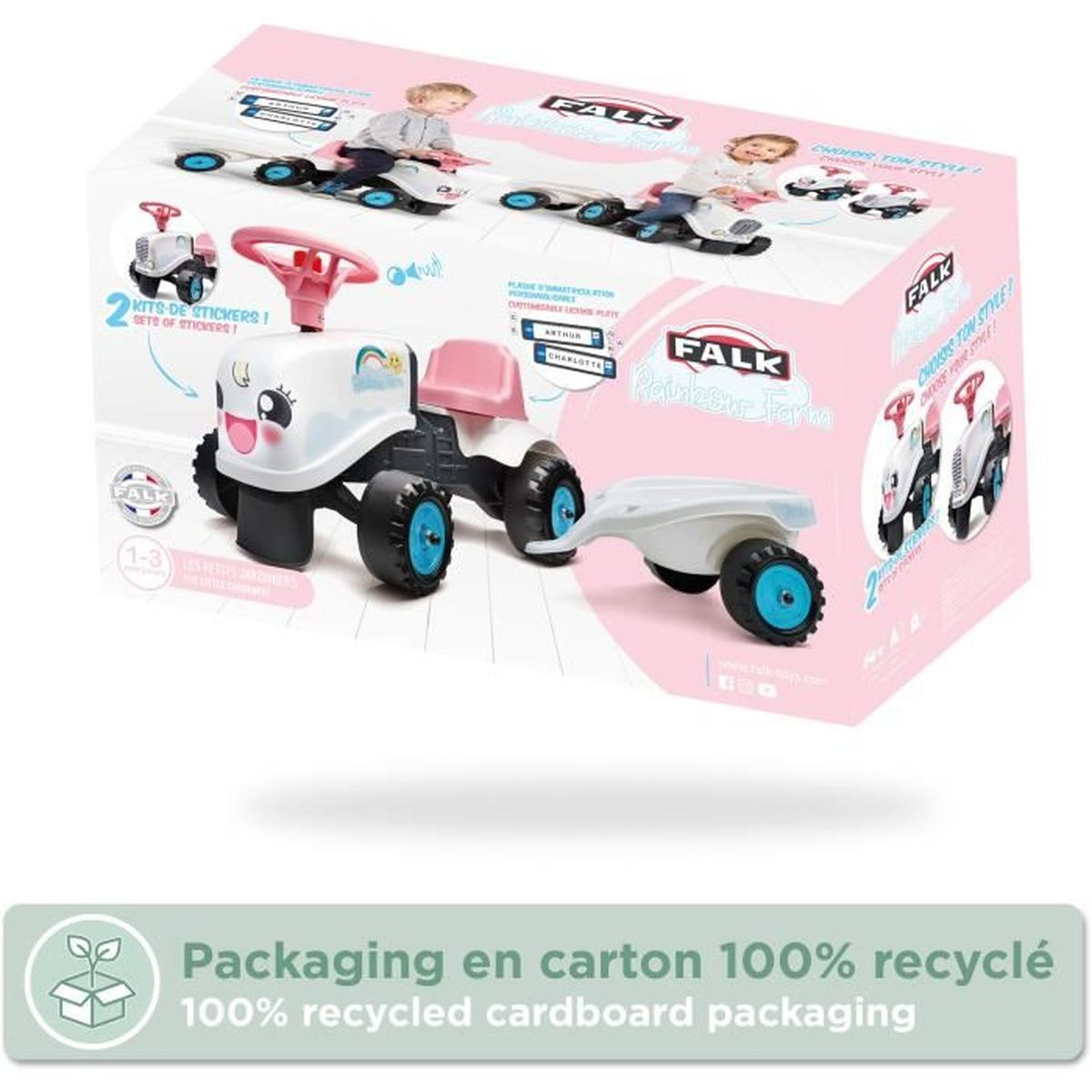 Ein rosa und weißer Traktor mit Anhänger auf einer Verpackung. Mit Aufklebern.