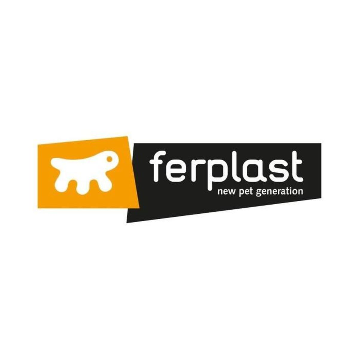 Ferplast-Logo mit weißem Hund auf orangefarbenem Feld und Text.