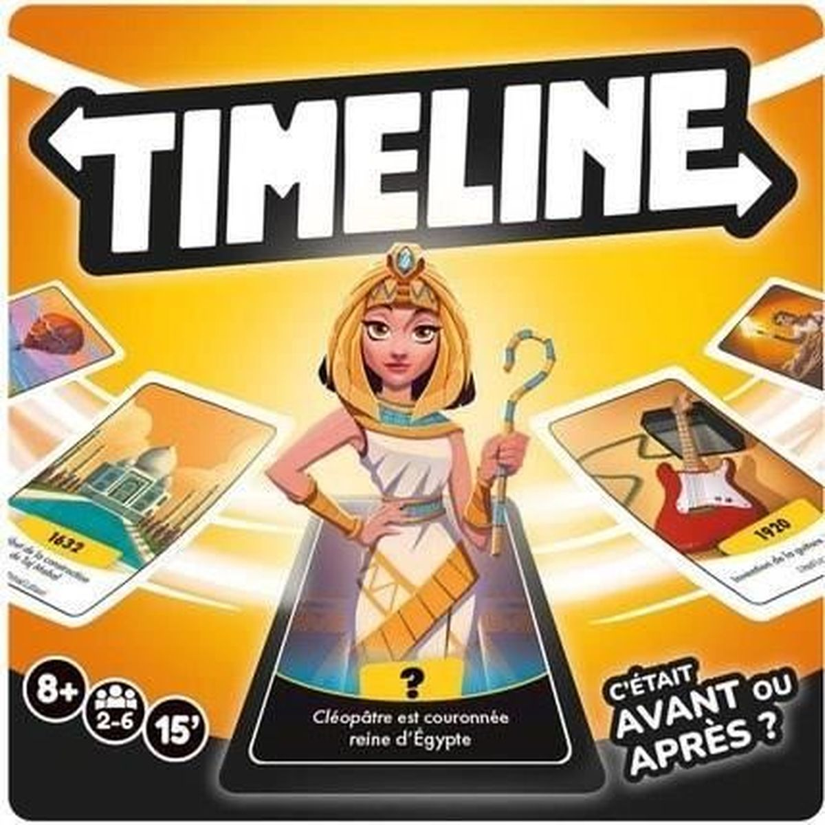 Timeline-spel met Cleopatra-illustratie en gedateerde kaarten.