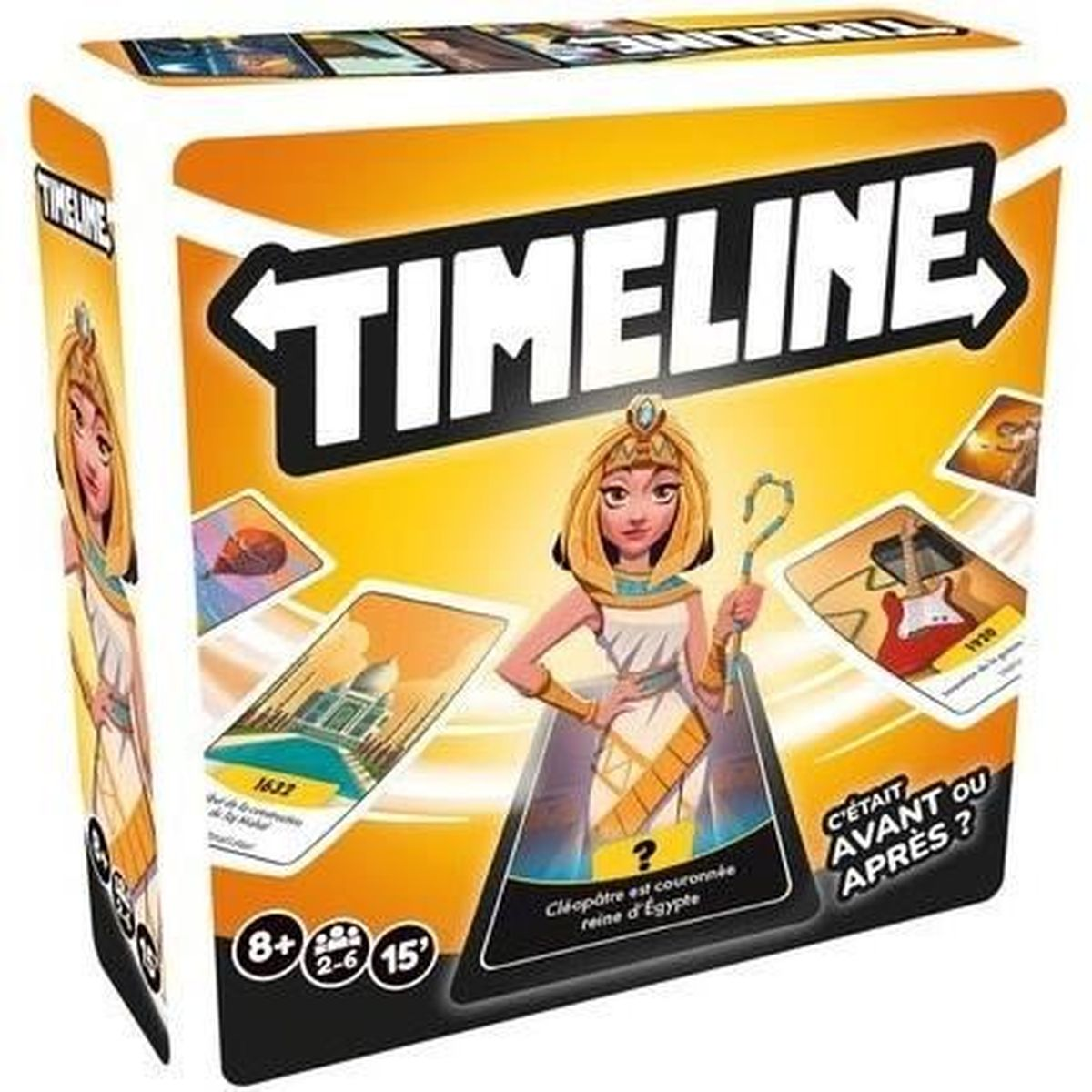 Bordspeldoos met "Timeline" logo en een Egyptische farao.