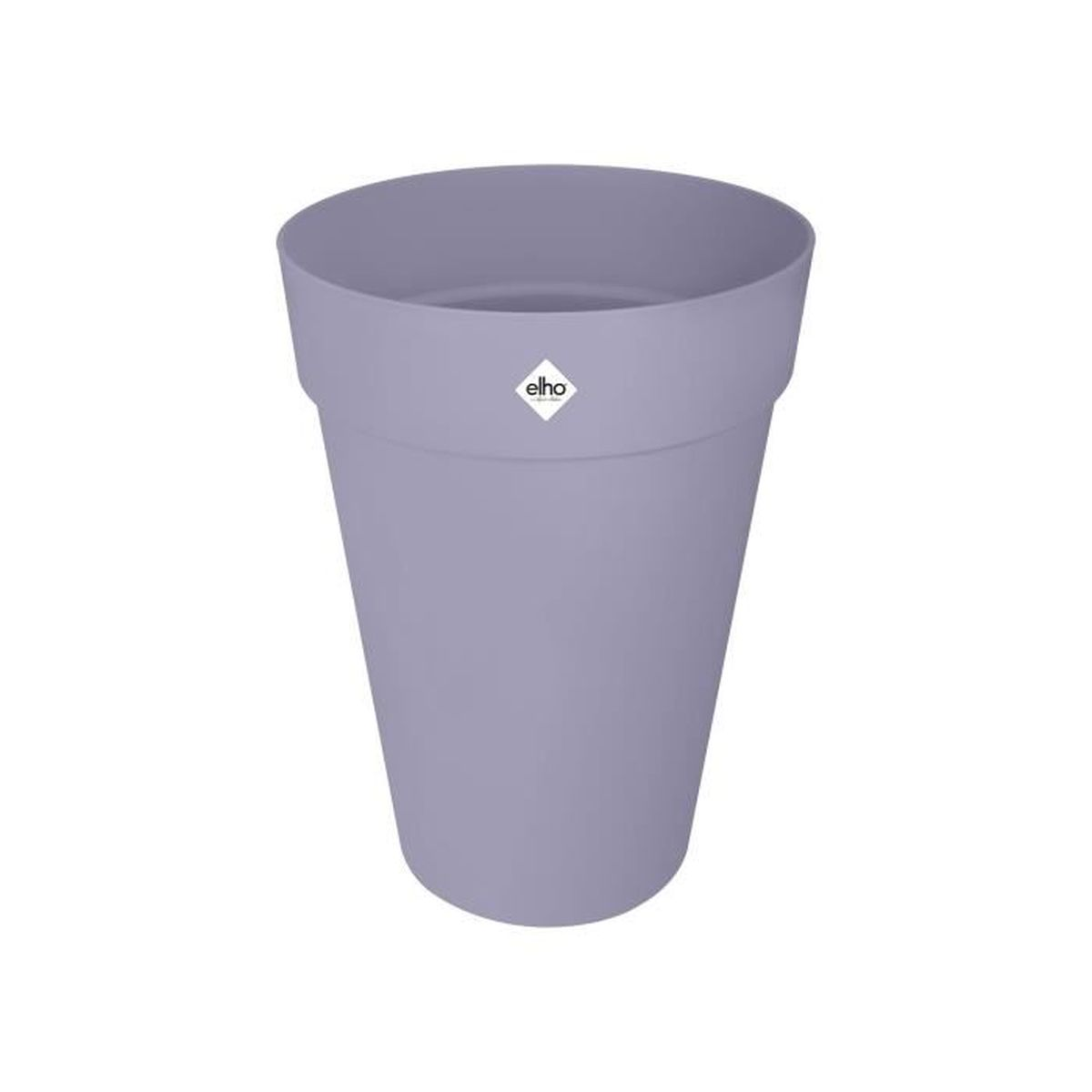 Ein hoher, lilafarbener Blumentopf mit dem Elho-Logo auf der Vorderseite.