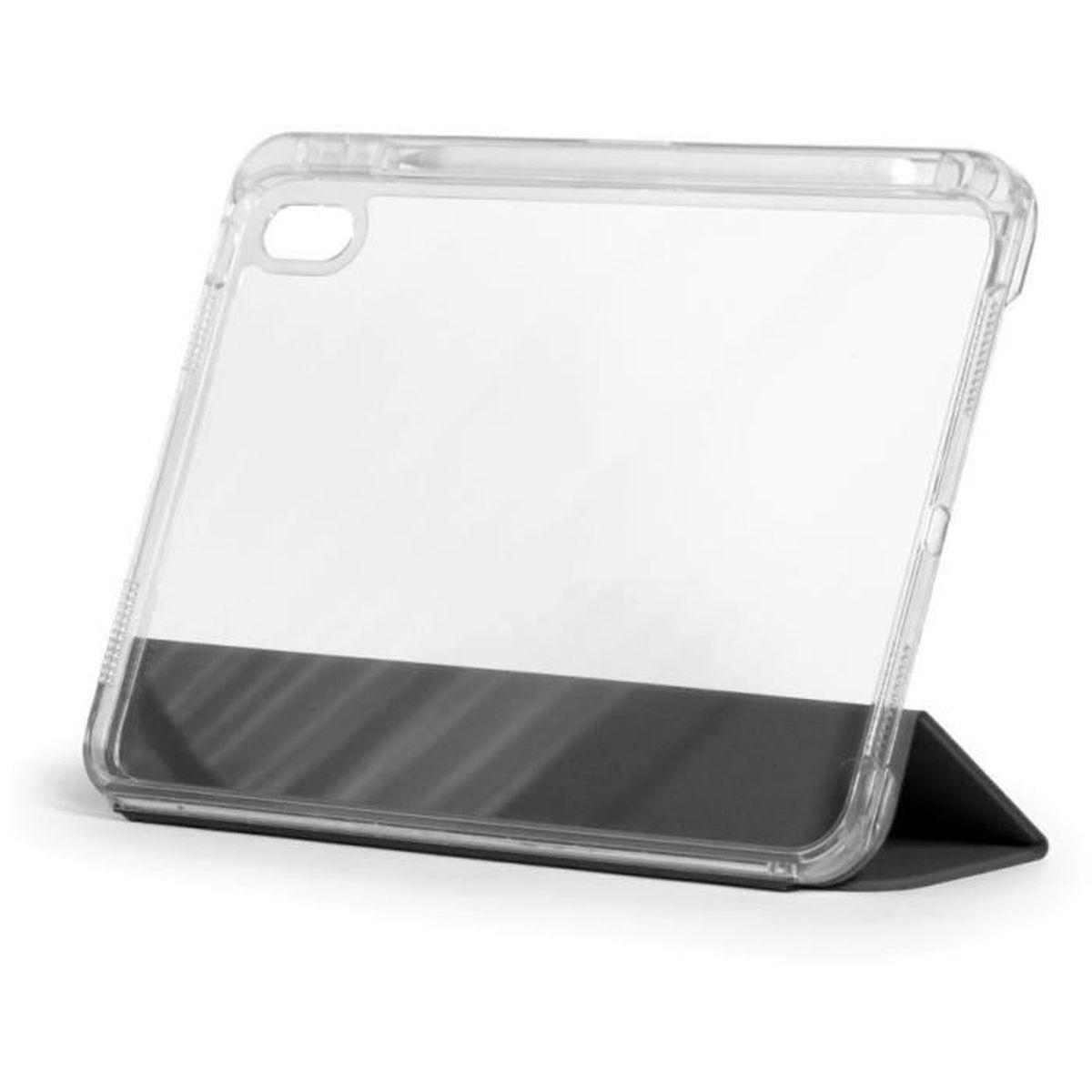 Transparente Tablet-Hülle mit dunklem Ständer.