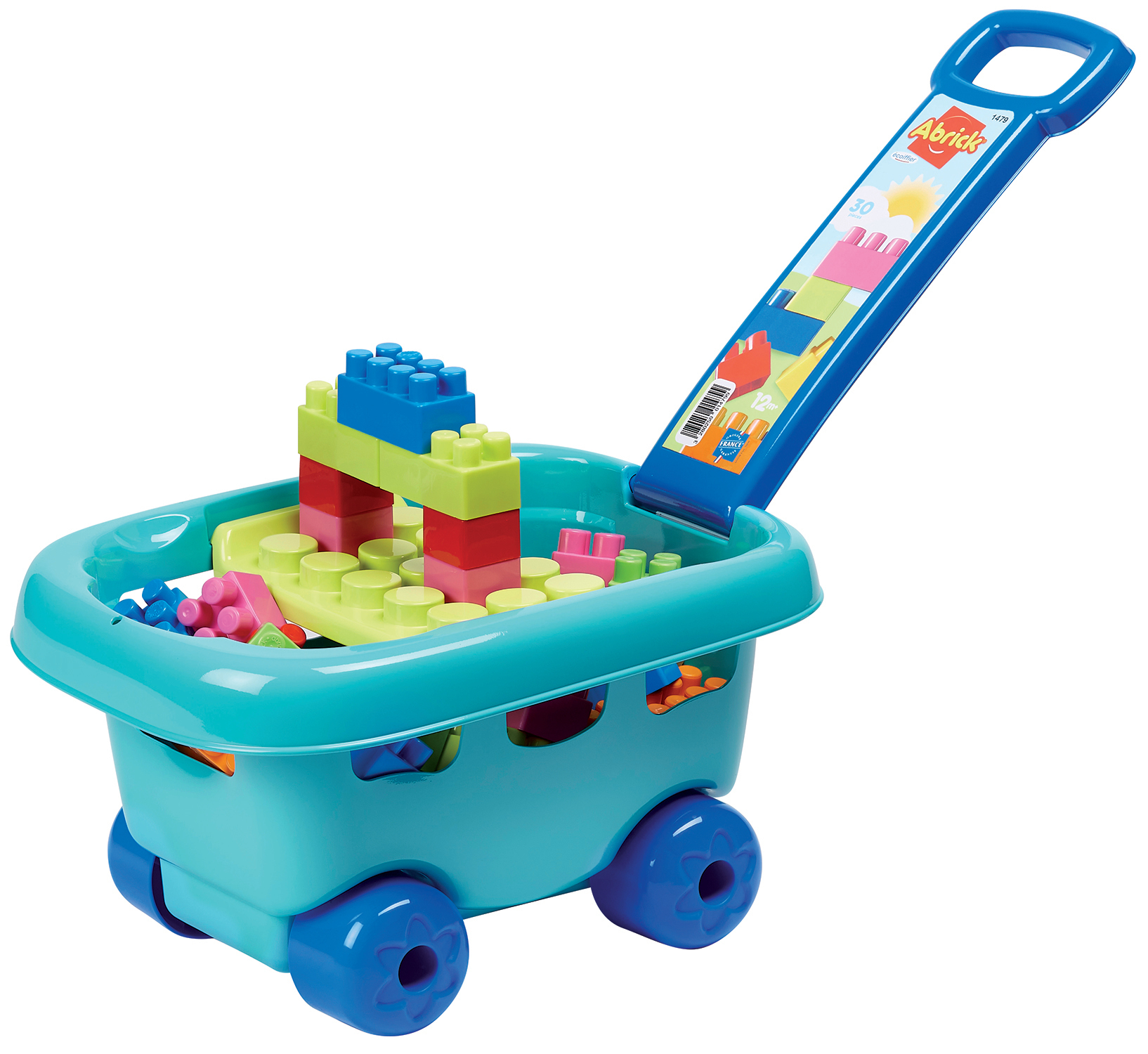 Ein türkisfarbener Spielzeugwagen mit Griff, gefüllt mit bunten Bausteinen.