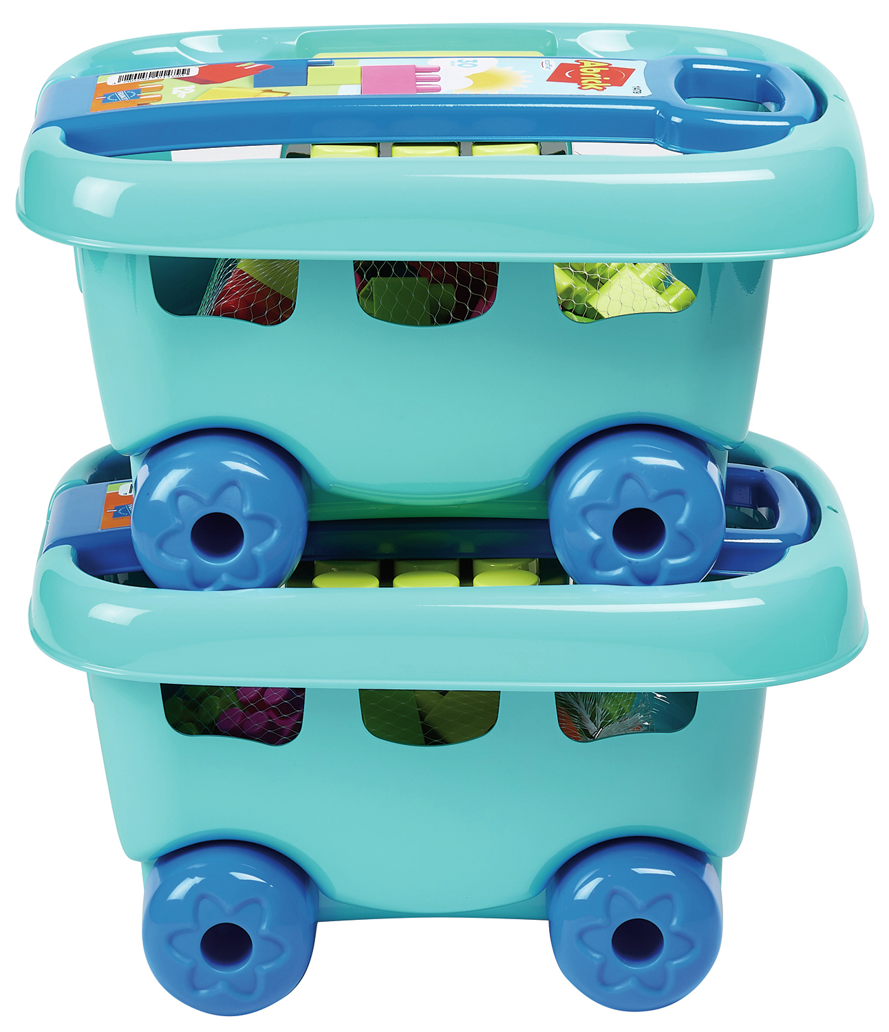 Zwei türkisfarbene Spielzeug-Einkaufswagen mit blauen Rädern stapeln sich.