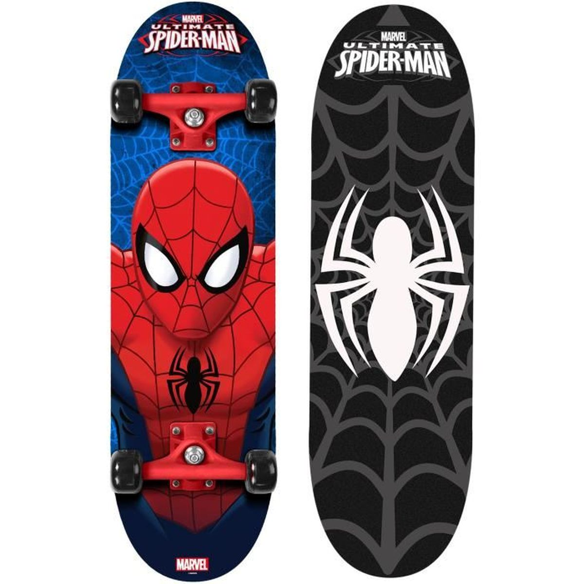 Due skateboard di Spiderman: uno con il suo volto, uno con disegno di ragnatela.
