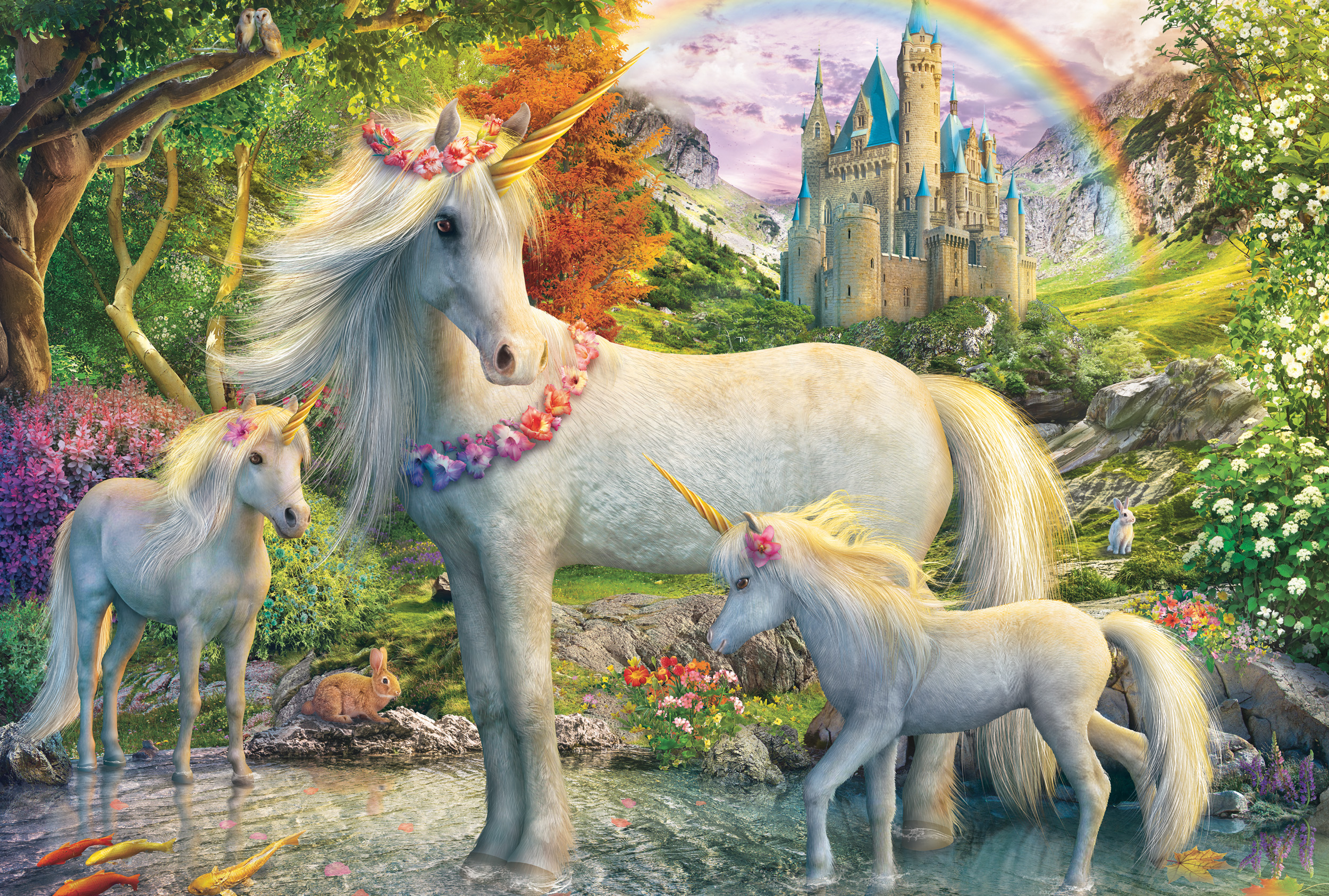 Tres unicornios en un claro del bosque ante un castillo con arcoíris.