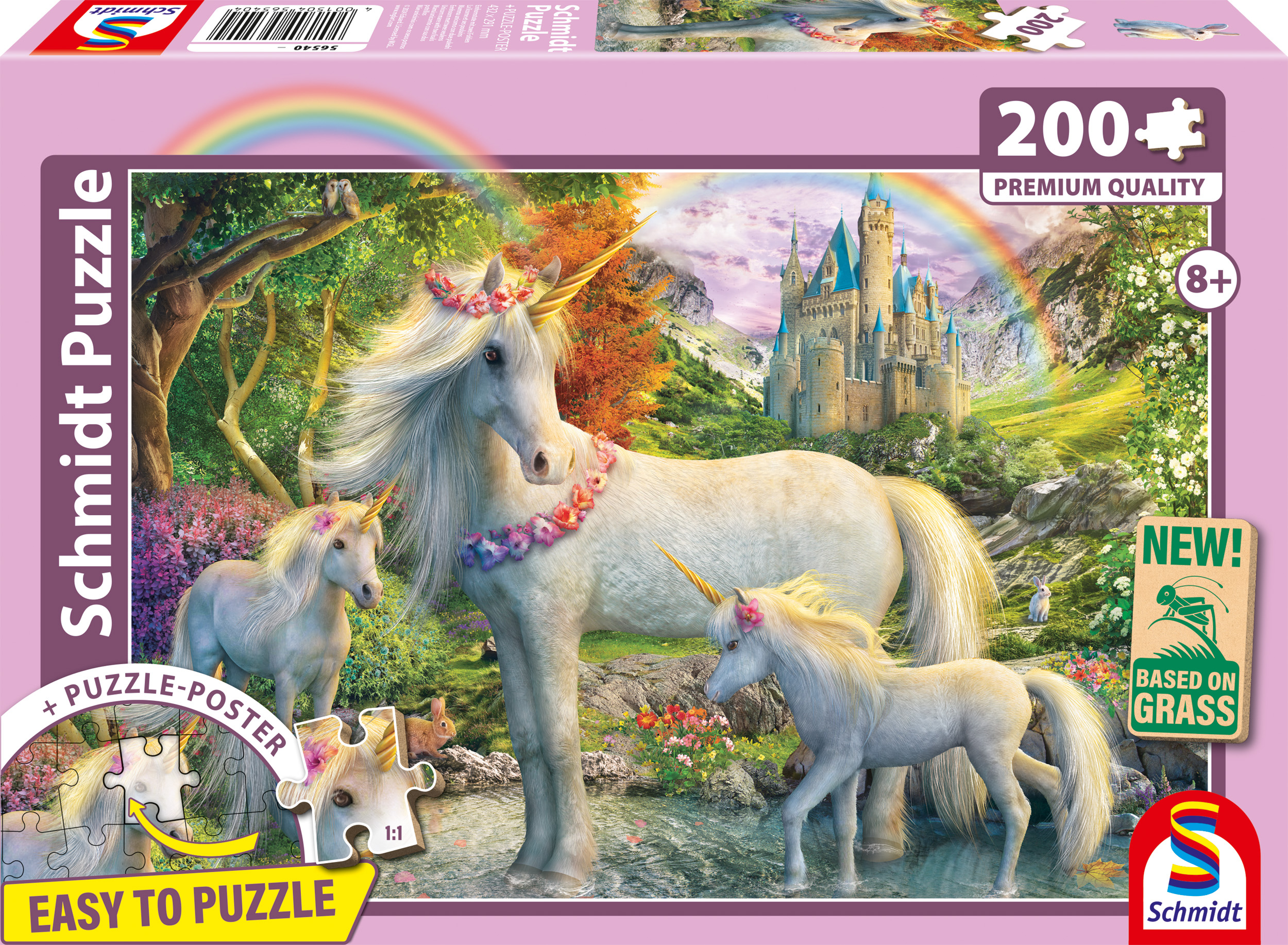 Tres unicornios en un claro del bosque con un castillo y arcoíris al fondo.