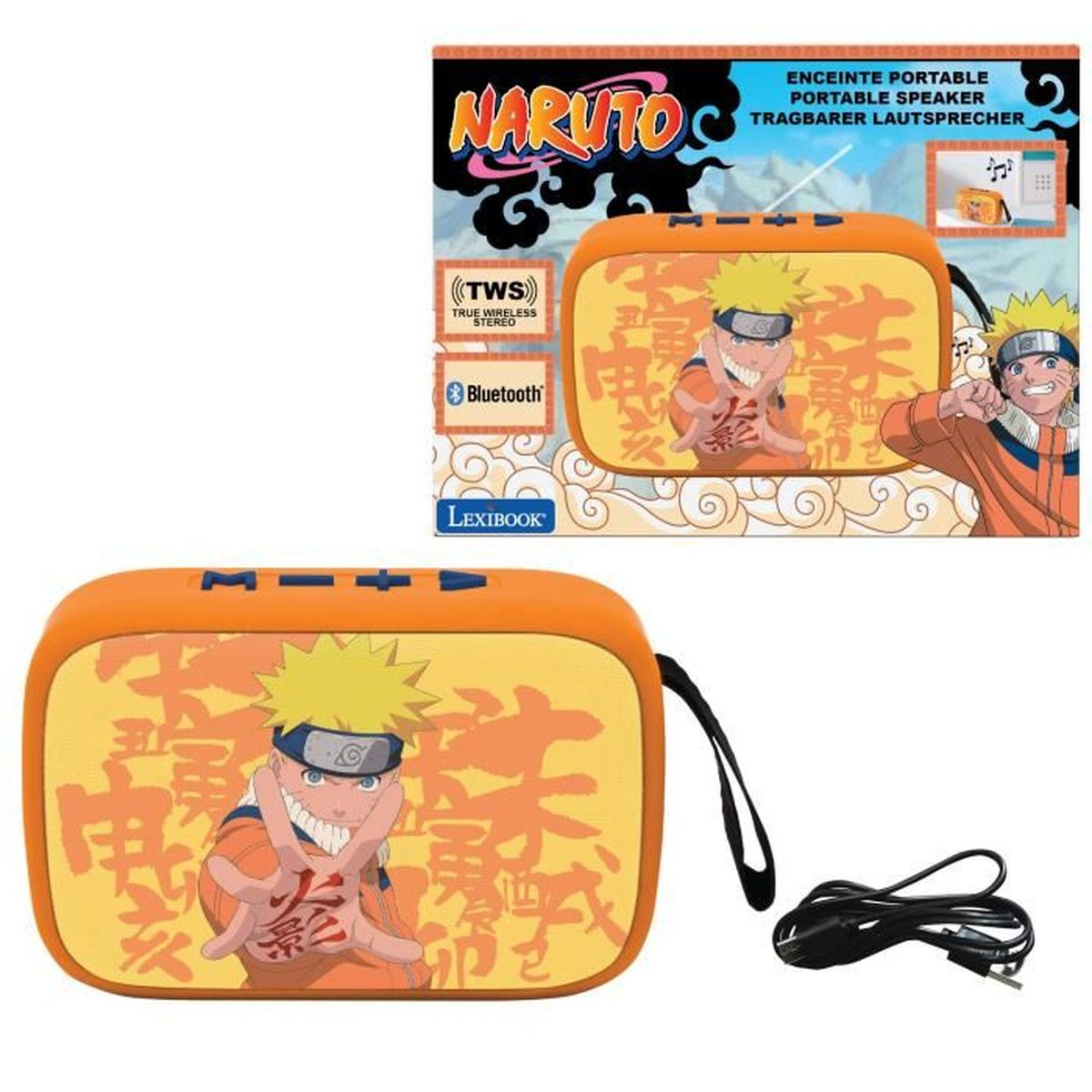 Un altoparlante Bluetooth Naruto arancione con cavo di ricarica.