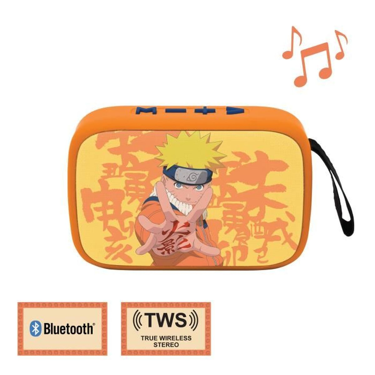 Un altoparlante arancione con grafica di Naruto e note musicali.
