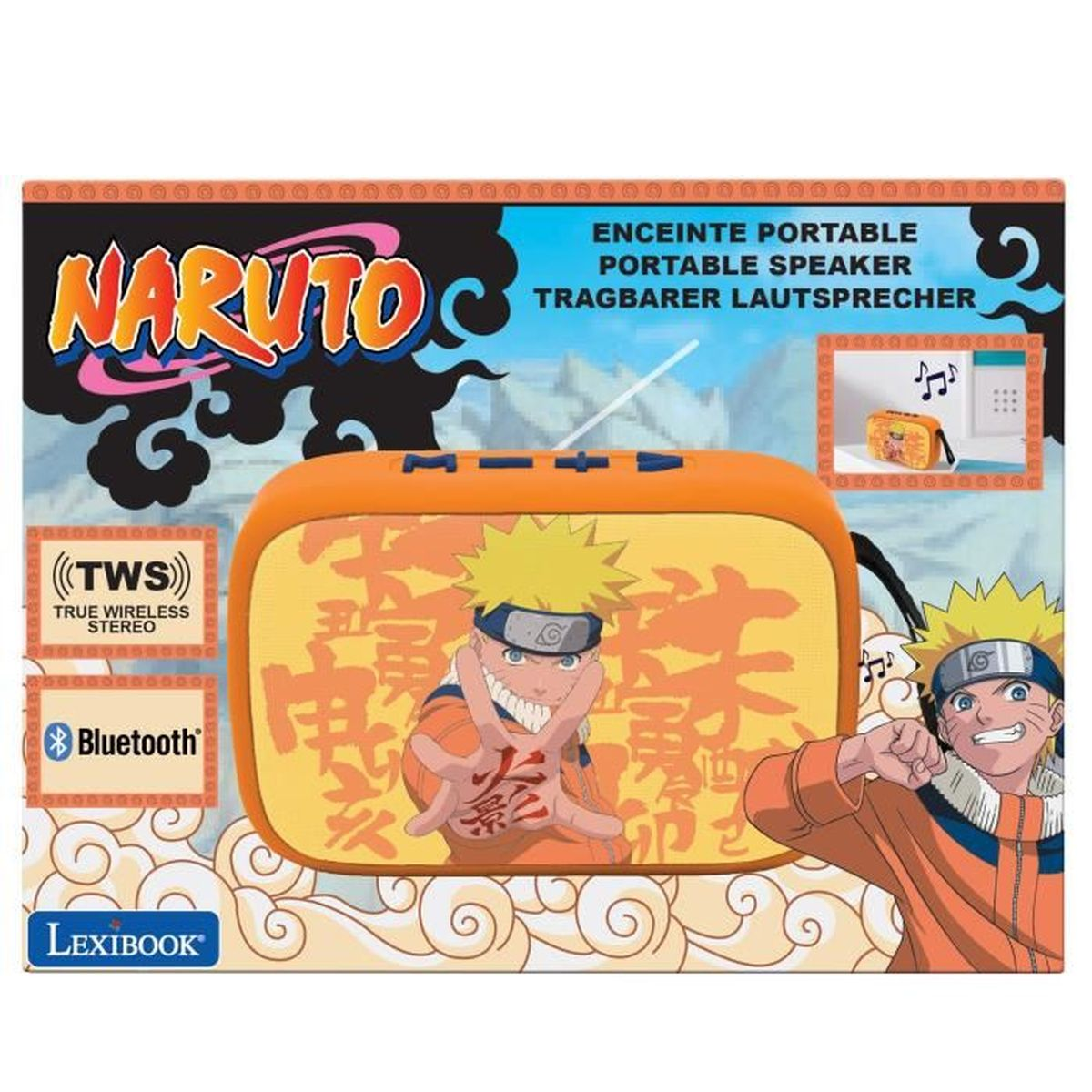Confezione altoparlante Naruto con personaggi di Naruto e logo Bluetooth.