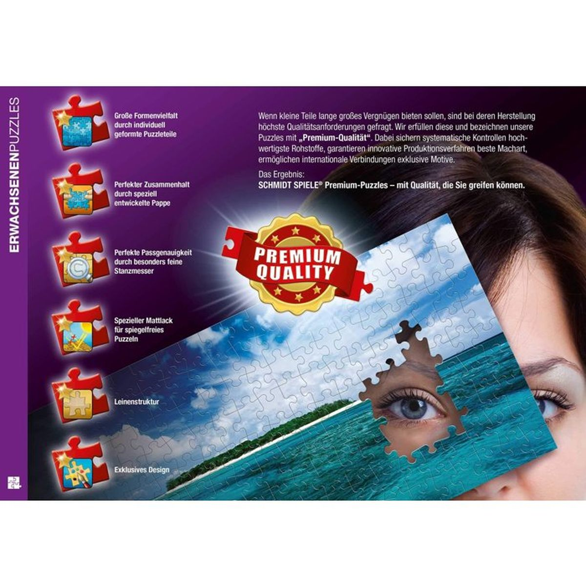 Puzzle mit Motiv einer Frau, die ein Bild betrachtet. Text über Qualität.