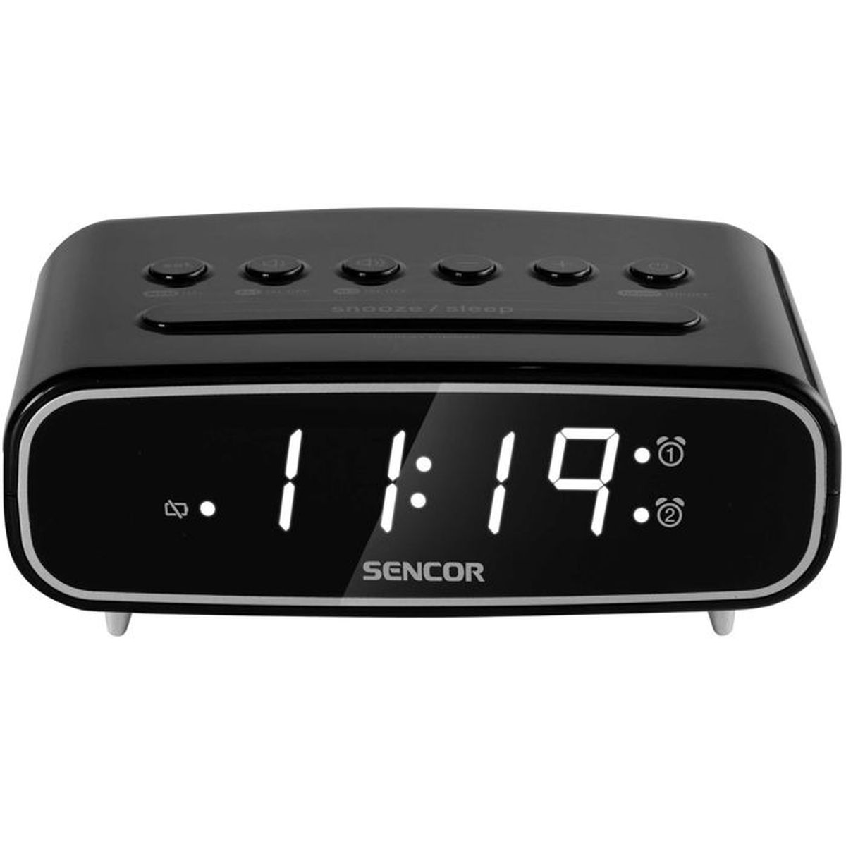 Schwarzer Digitalwecker zeigt 1:19 an, mit Snooze/Sleep-Knöpfen oben.