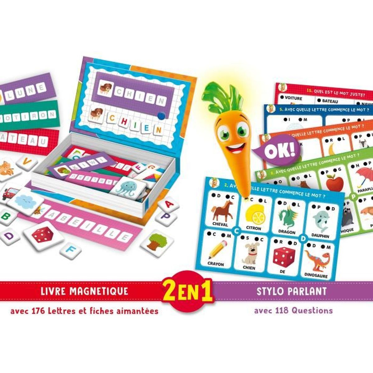 Ein Brettspiel mit Buchstabenkarten, einem sprechenden Stift und einer Karotte.