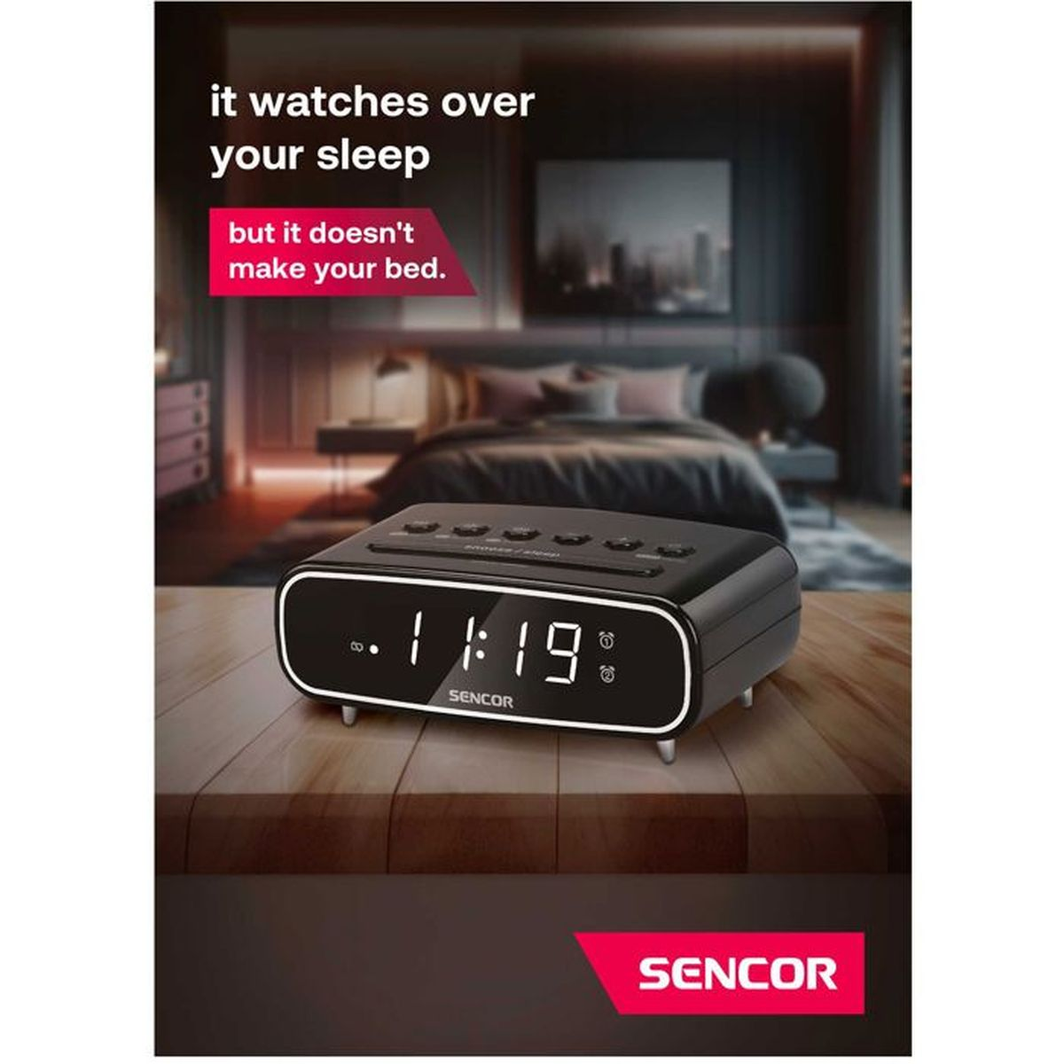 Ein digitaler Wecker mit der Zeit 11:19 auf einem Nachttisch neben einem Bett.