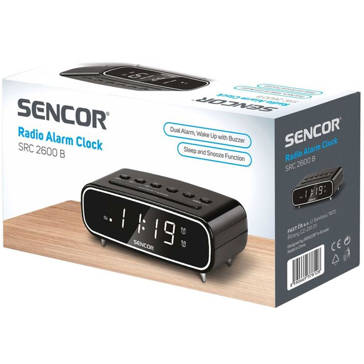 Schwarzer Digitalwecker SENCOR SRC 2600 B mit FM-Radio auf einer Box.